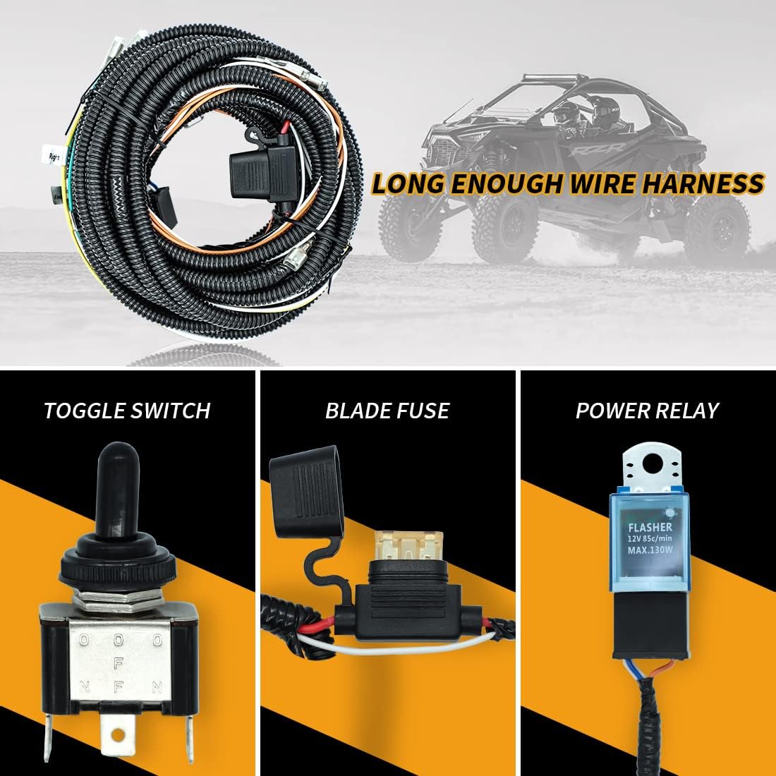UTV/ATV Turn Signal Kit, Universal Turn Signal Assemblies with Amber LED lights, Horn and Toggle Switch Compatible with Honda Pioneer, Polaris RZR, Can-Am, Yamaha Rhino, Kawasaki