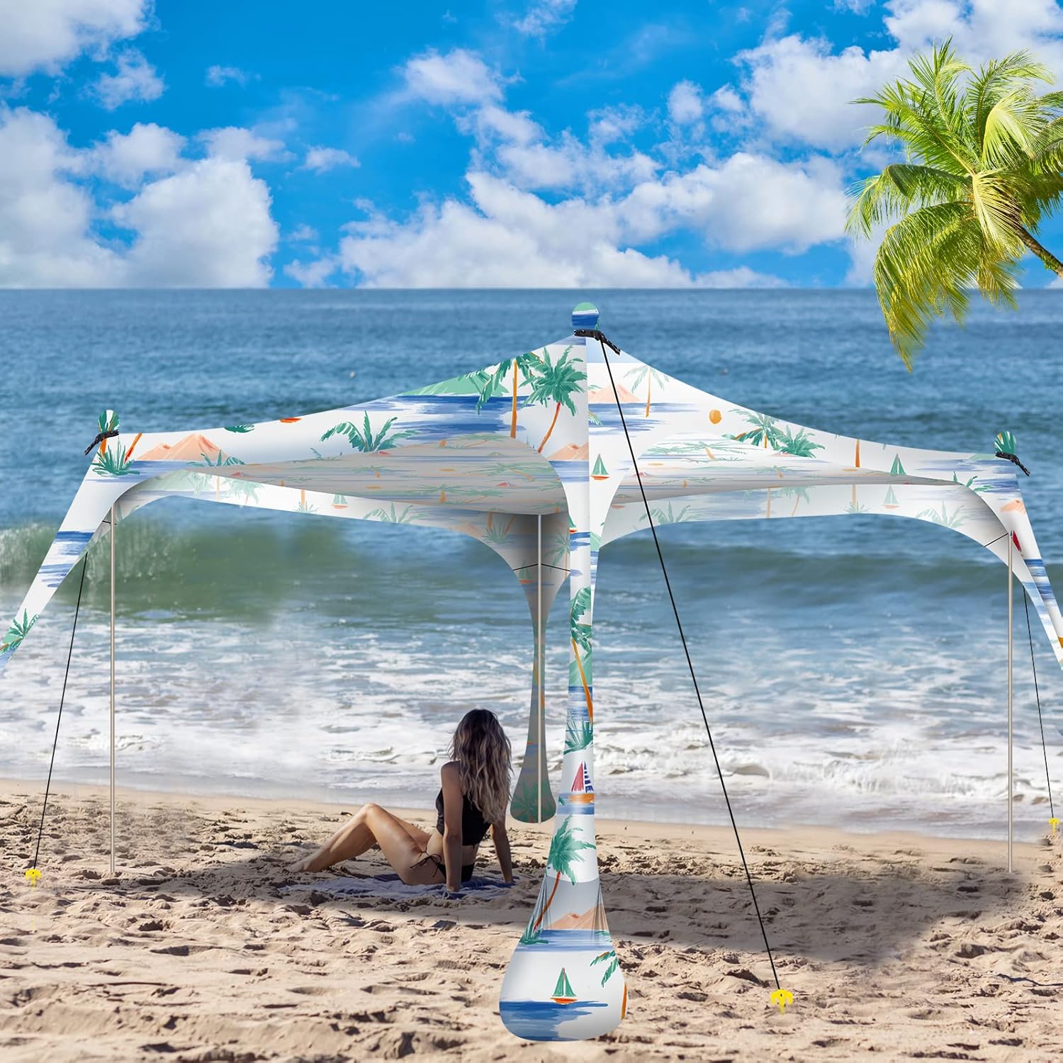 Buheco Beach Tent Pop Up Shade 7x7.5ft Beach Canopy Sun Shelter UPF50+ with 4 Foldable Poles-Portable Carrying Bag-Sand Shovel-Ground Pegs-Windproof Ropes for Outdoor Family Camping-Fishing- Picnic