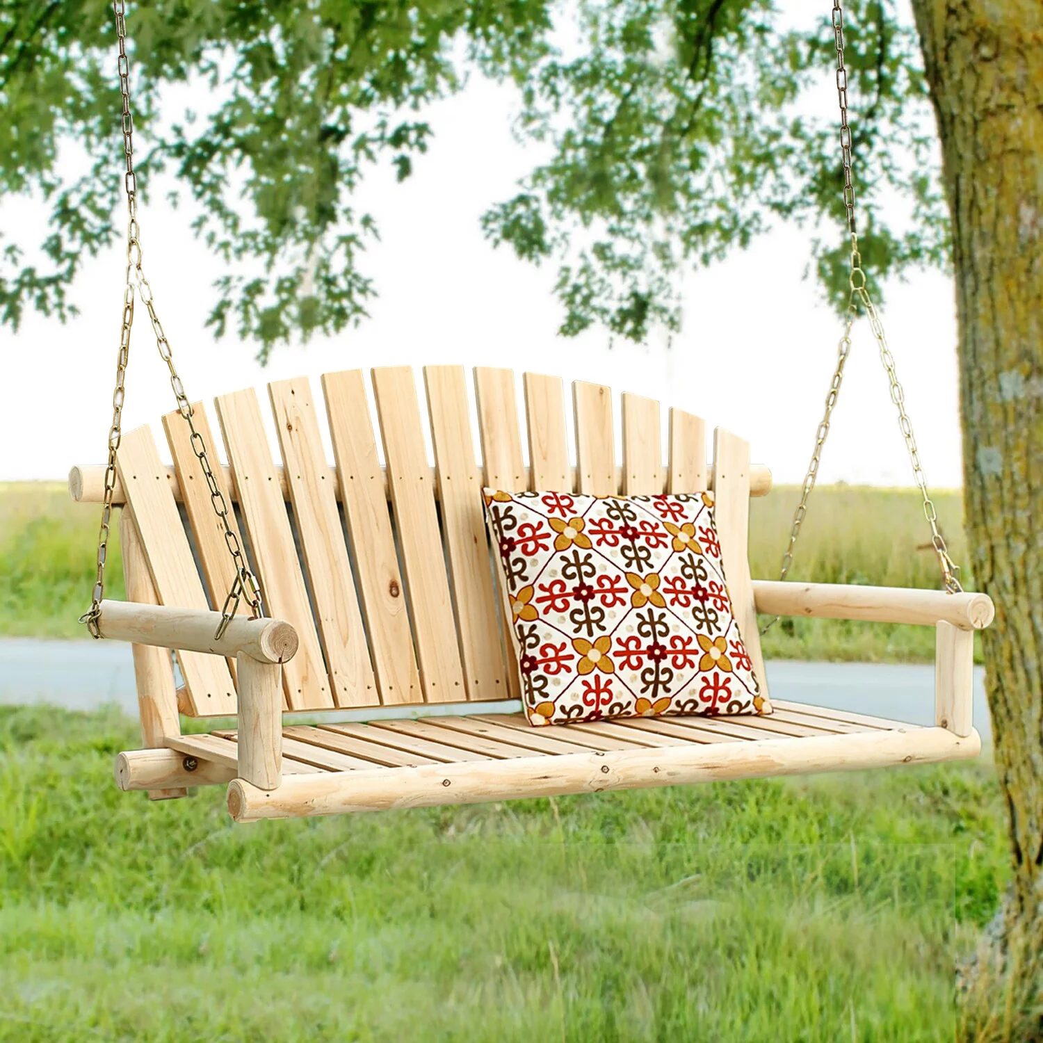 LuxenHome Natural Unfinished Wood Log Cabin Porch Swing with Chains