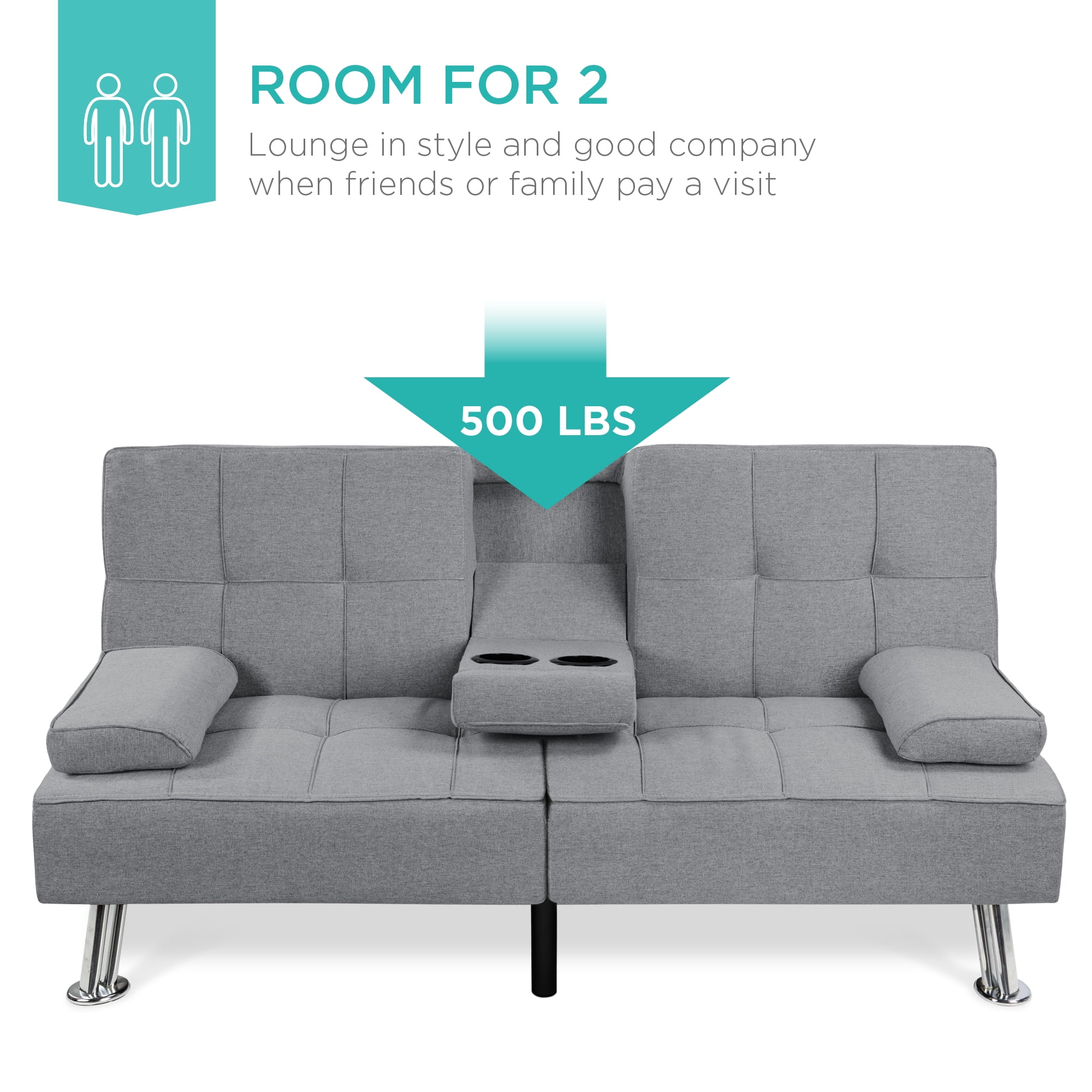 Best Choice Products Modern Linen Convertible Futon Sofa Bed w/ Removable Armrests, Metal Legs, Cupholders - Gray