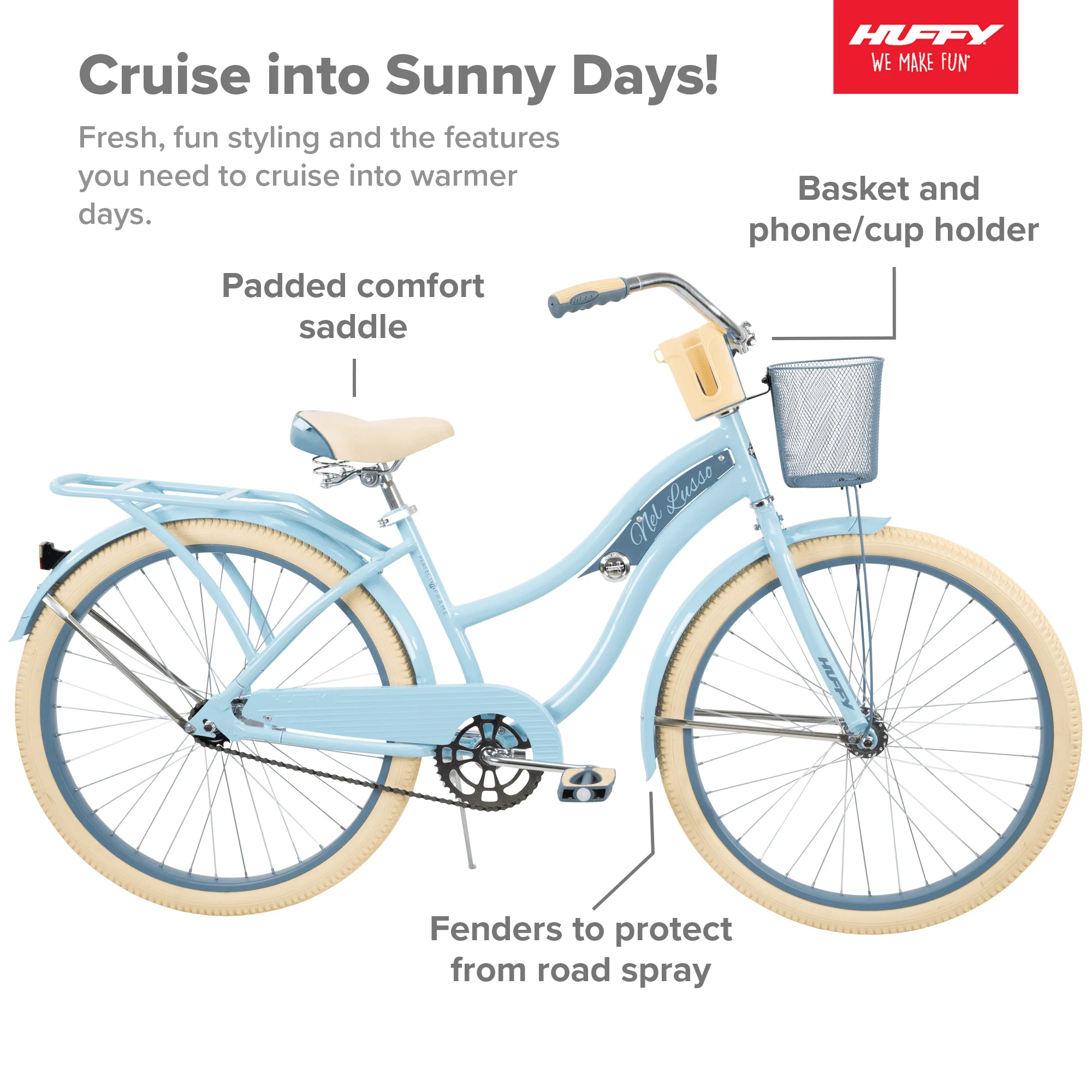 Huffy 26 Nel Lusso Classic Cruiser Bike with Perfect Fit Frame, Women's, Ages 13 Years, Light Blue