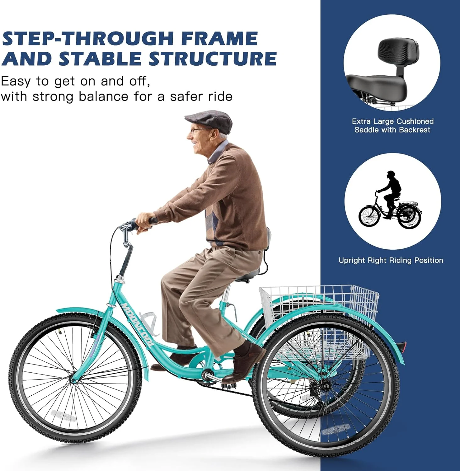 Mooncool Adult Tricycle 20/24/26 inch 7 Speed, Three Wheel Bicycle for Adult, Trike Cruiser W/ Tools & Big Basket for Exercise Shopping Picnic Outdoor Activities
