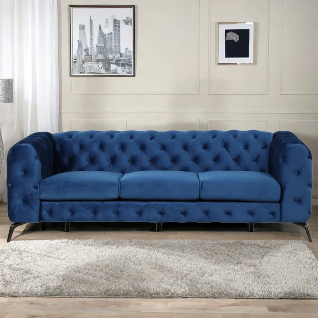 85.5" Velvet Upholstered Sofa with Sturdy Metal Legs,Modern Sofa Couch with Button Tufted Back, 3 Seater Sofa Couch for Living Room,Apartment,Home Office (Blue)