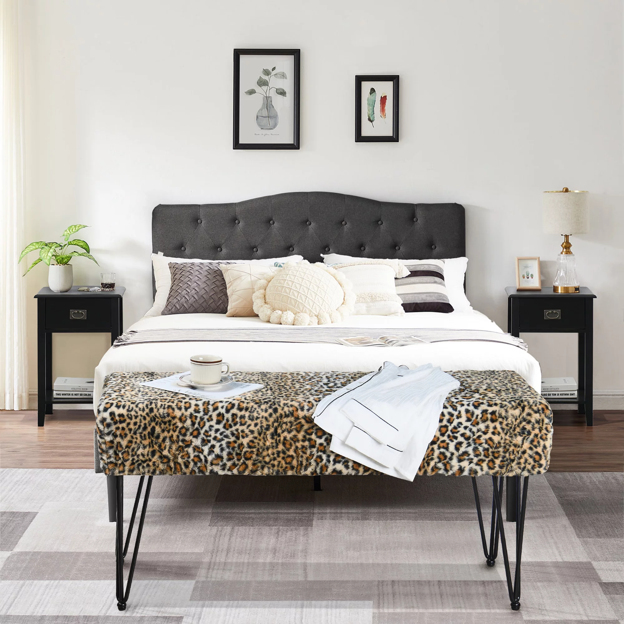Home Soft Things Faux Fur Ottoman- Leopard - Black Leg - 46x16x22"
