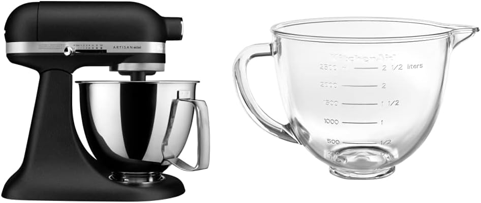 KitchenAid Artisan Mini 3.5 Quart Tilt-Head Stand Mixer - KSM3316X - Cast Iron Black and KitchenAid 3.5 Quart Tilt-Head Glass Bowl - KSM35GB