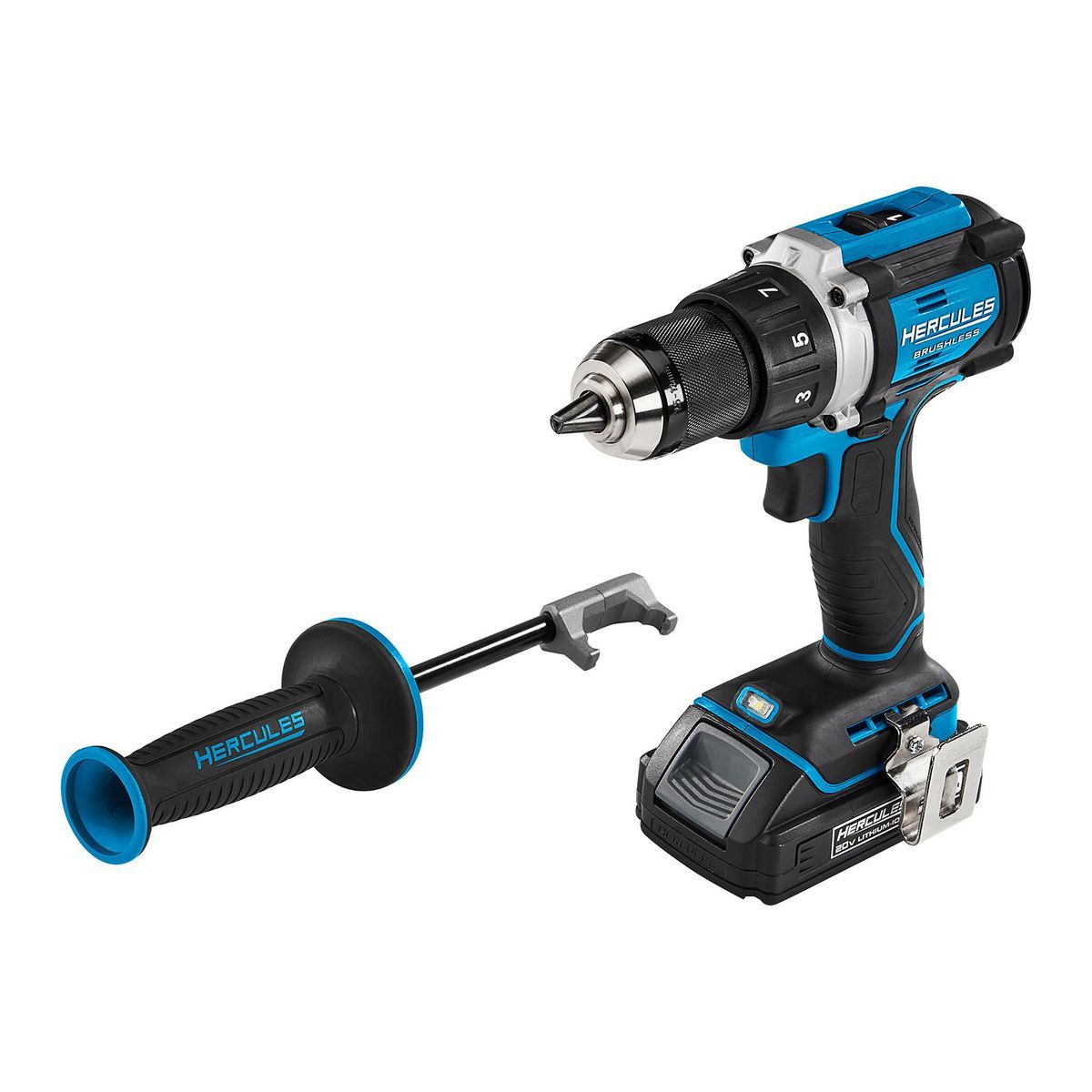 HERCULES 20V Brushless Cordless, 1/2 in. Drill/Driver Kit with Side Handle, 2 Ah Battery, and Charger