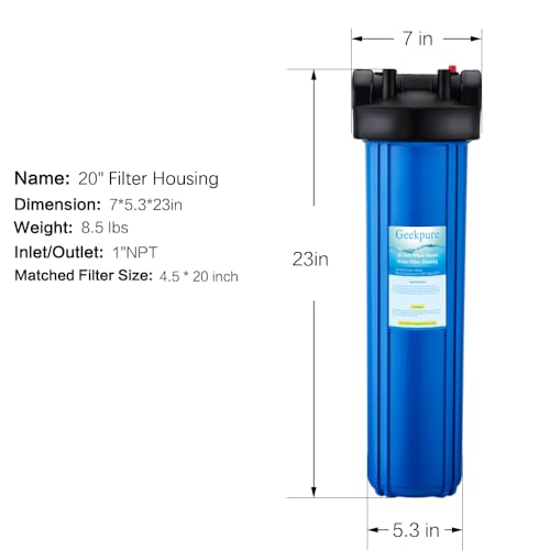 Geekpure 20 Inch Whole House Water Filter Housing-1"NPT Bras Port-Fit 4.5"x 20" Filters