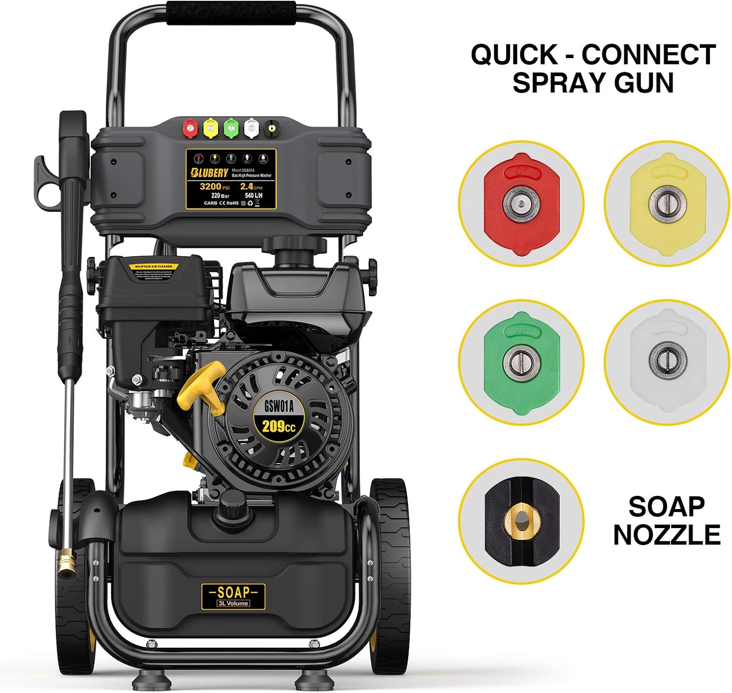 3200PSI Gas Pressure Washer, 2.4GPM 209CC Power Washer, 25FT Hose&Soap Container, 5 Adjustable Nozzles, Cleaning for Driveway/Concrete/Vinyl Fencing, CARB&EPA CERT…