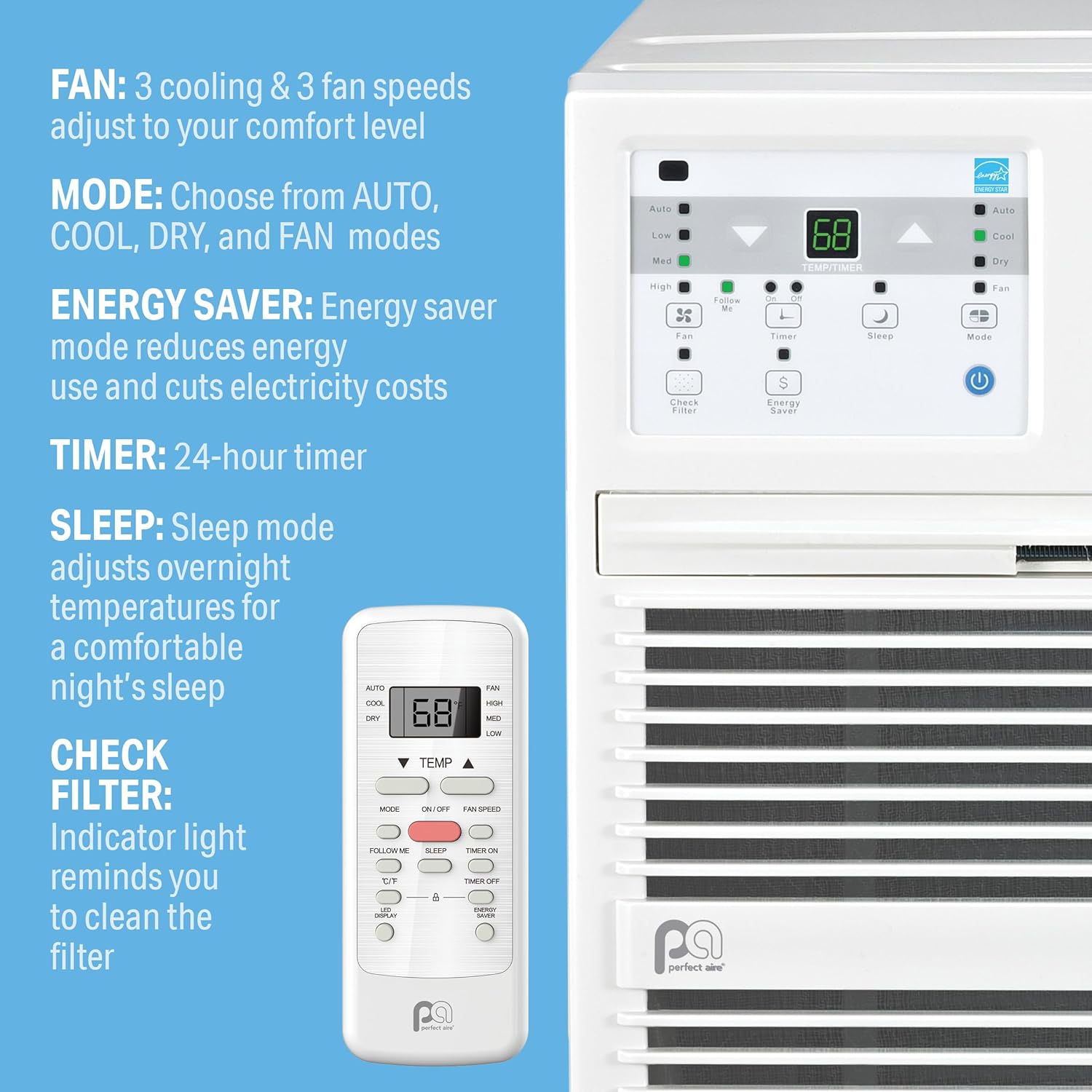 PerfectAire 4PATW12000 12,000 BTU Thru-The-Wall Air Conditioner with Remote Control, EER 10.5, 450-550 Sq. Ft. Coverage