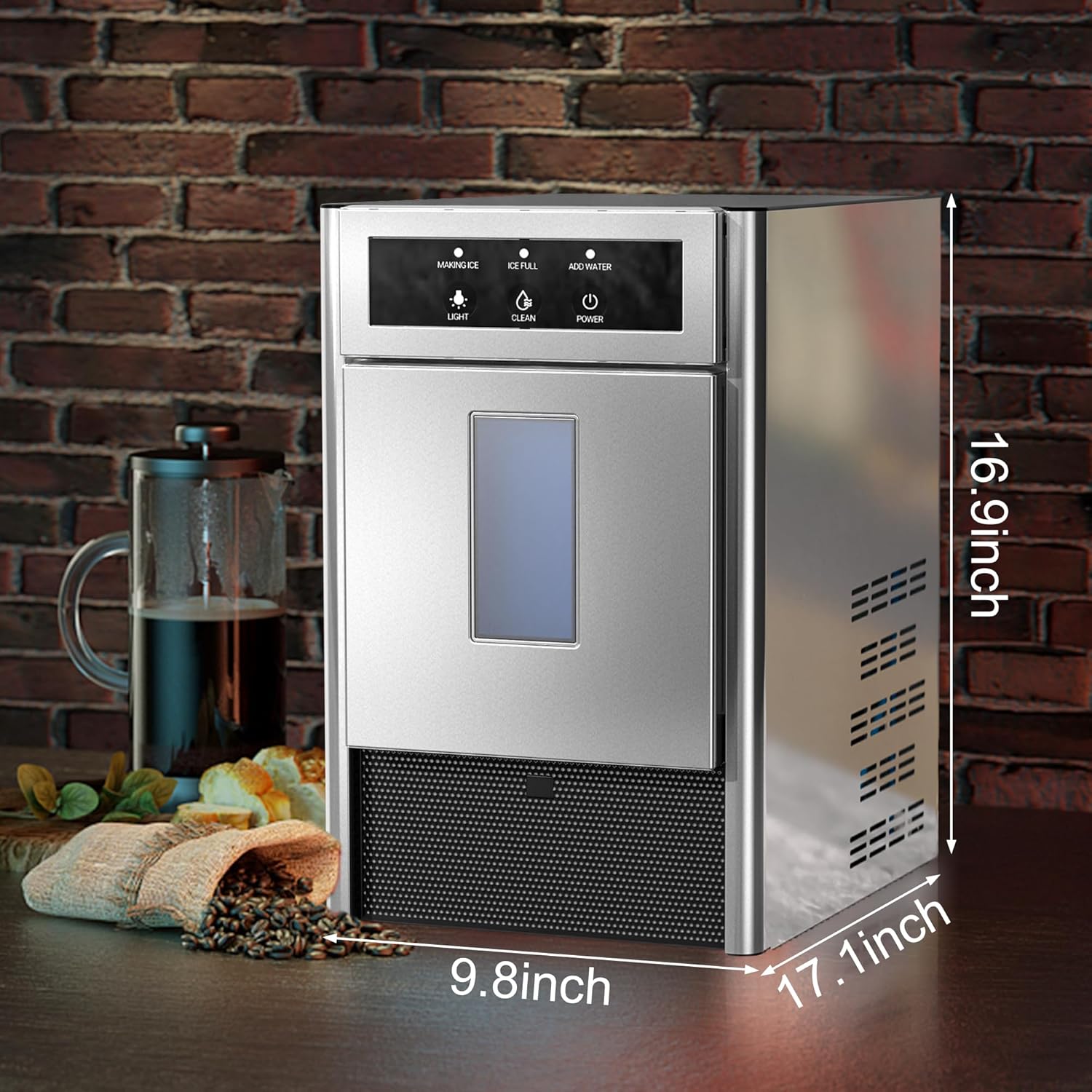Nugget Ice Maker Countertop, 44 lbs/Day Chewable Ice Maker, One-Click Operation, Two Ways add Water, Self-Cleaning Sonic Ice Maker for Home, Office, Kitchen, RV, Basement Bars