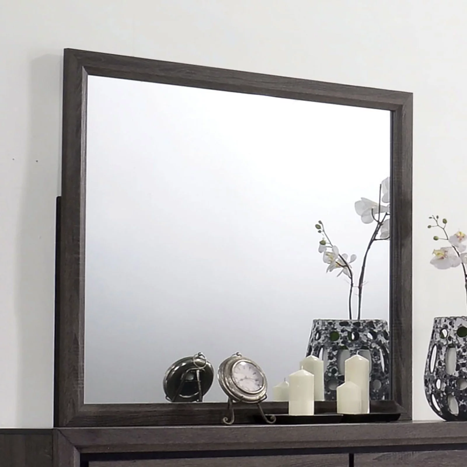 Contemporary 4-pc Queen Size Bed Dresser Mirror Nightstand Bedroom Furniture Grey Paper Veneer