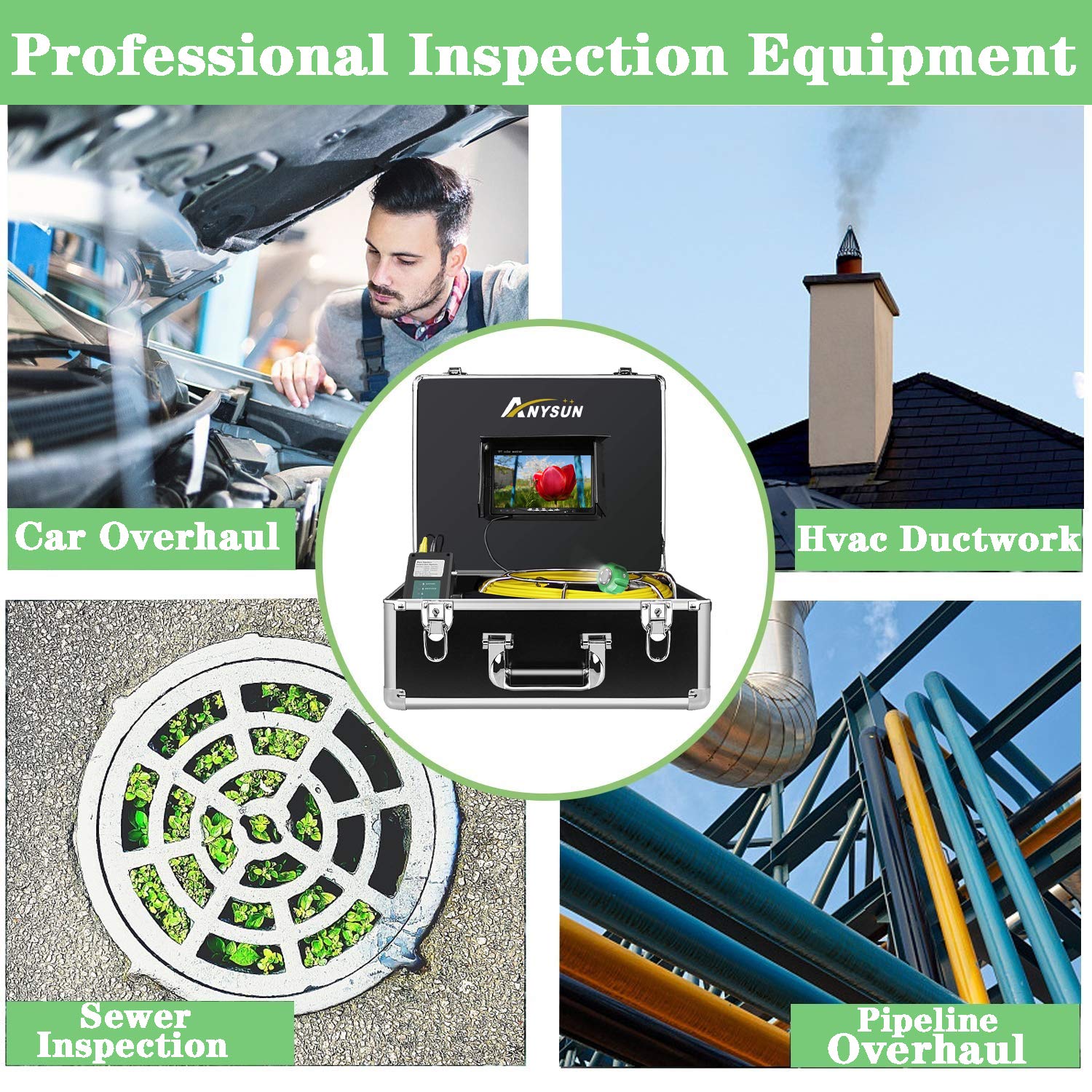 Sewer Inspection Camera 100FT with DVR Plumbing Pipe Snake Cam Chimney Video Inspection Equipment 7 Inch LCD Monitor Waterproof IP68 with DVR (8GB SD Card)