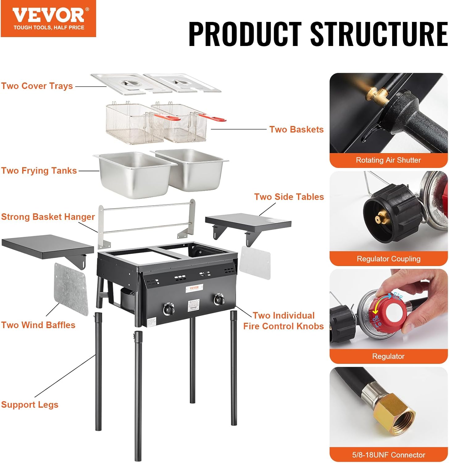 VEVOR Outdoor Propane Deep Fryer, Double Burners Commercial Fryer, 16 Qt Stainless Steel Cooker with Removable Baskets & Lids & Tanks, Oil Fryer Cart with Thermometer & Regulator, For Outdoor Cooking