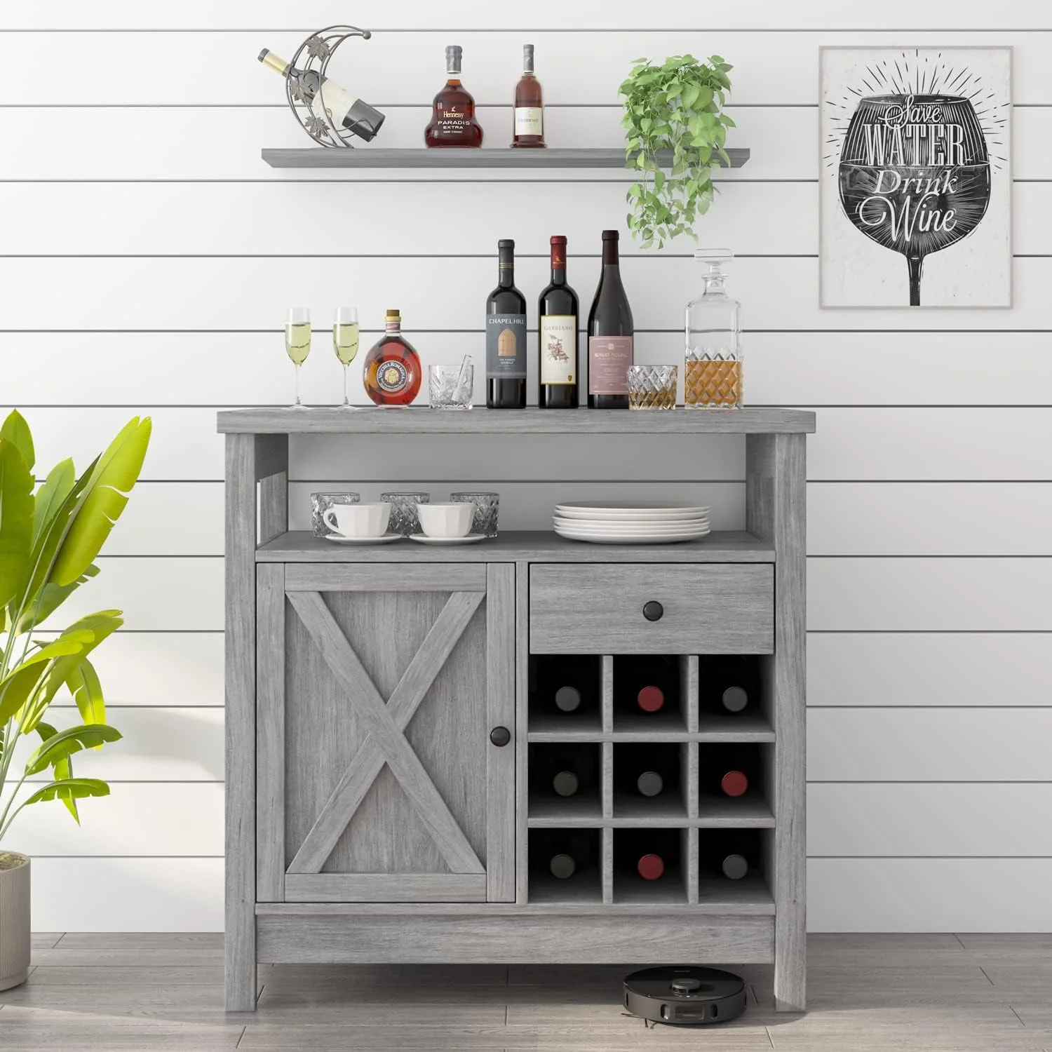 Farmhouse Coffee Bar Cabinet with Storage, Kitchen Buffet Storage Cabinet with Drawer, Wine Bar Cabinet with Barn Door, Gray Coffee Bar Table with Open Shelf for Dining Living Room