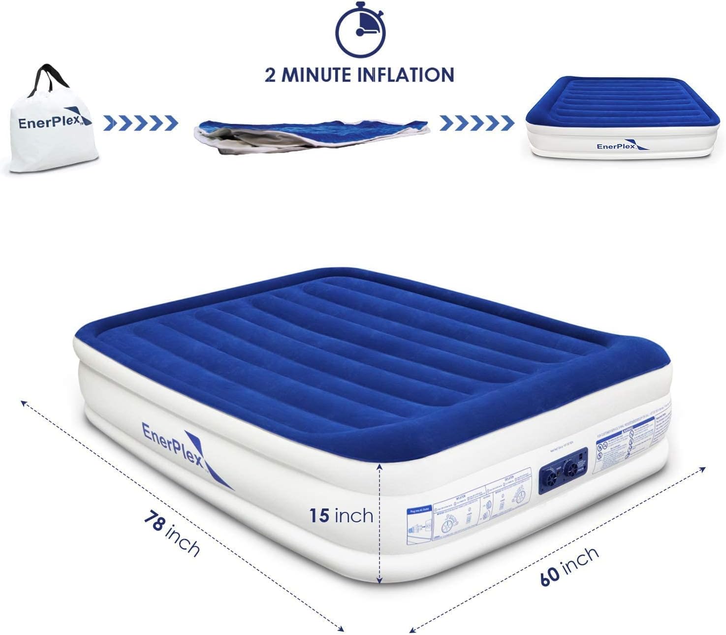EnerPlex Air Mattress for Camping - Luxury 15 Inflatable Queen Mattress Bed w/ Built-in Dual Pump for Travel & Home Use