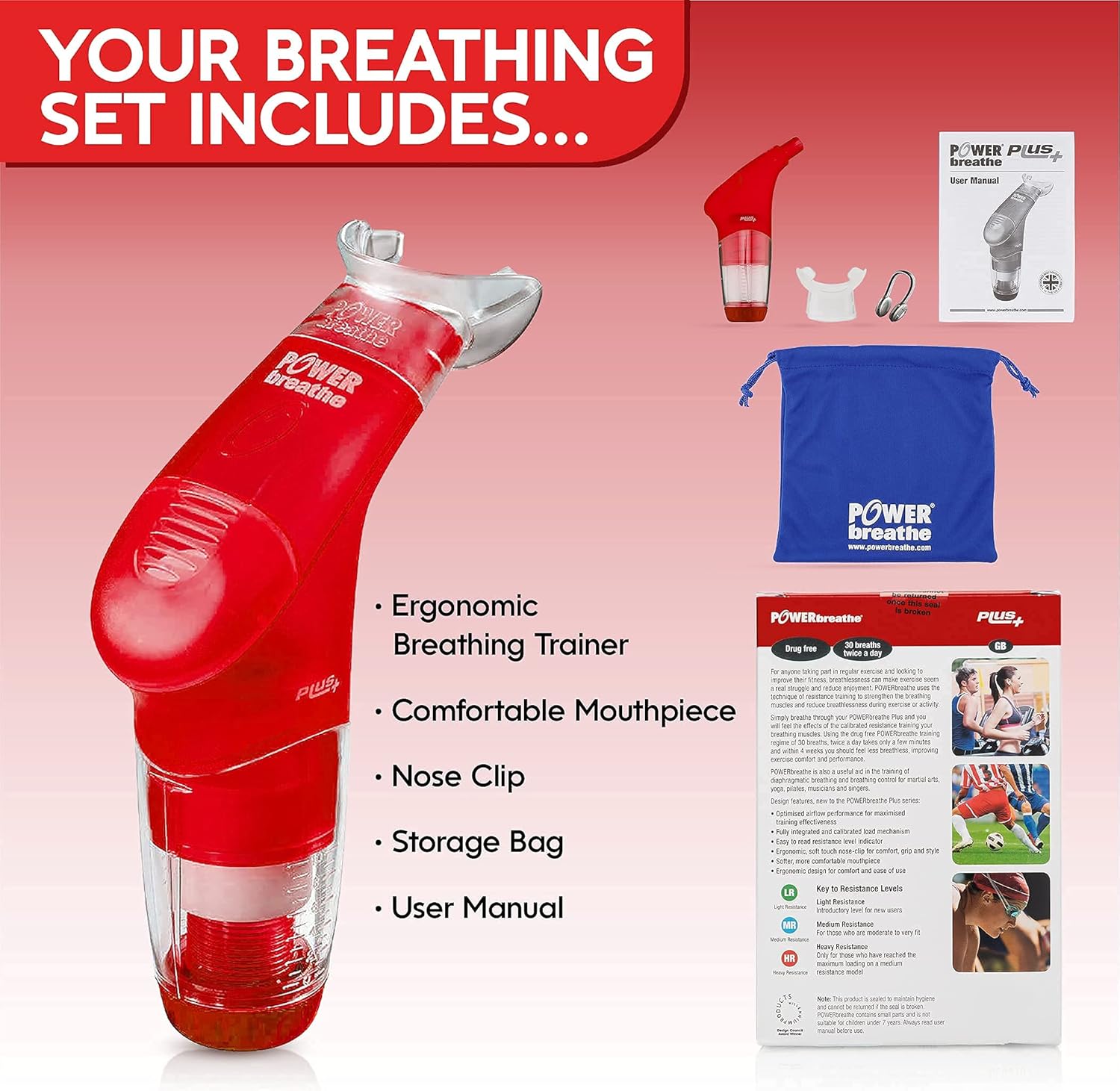 POWERBREATHE - Breathing Exercise Device, Breathing Trainer and Therapy Tool to Strengthen Breathing Muscles and Help Lung Capacity, Handheld Inspiratory Muscle Trainer &ndash; Red, Heavy Resistance