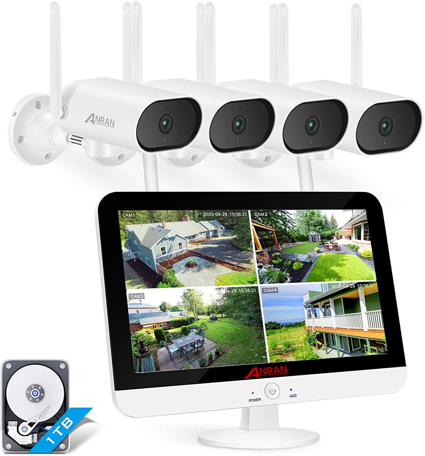 [180&deg; Swivelling Camera] Wireless Surveillance Camera System with 13 inch Monitor, Anran 5MP 8CH NVR Via 4pcs 3MP Home WiFi CCTV