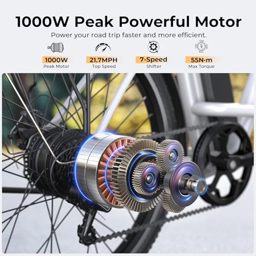 Electric Bike for Adults, 1000W Peak Ebike, 21.7MPH 50Miles City Cruiser Ebikes, 26" Step Thru Electric Bicycle with 48V Removable Battery, Adjustable Stem, Rear Rack, Front Suspension,7 Speed