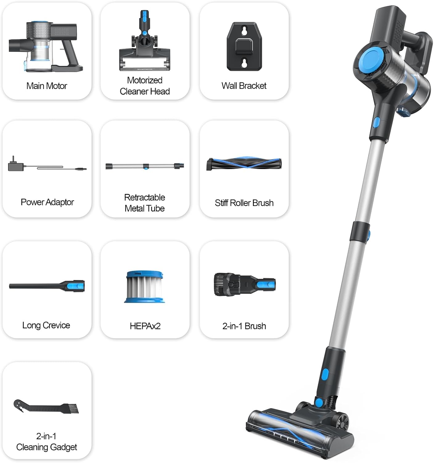 Cordless Vacuum Cleaner, Powerful Lightweight Stick Vacuum with 2200 mAh Battery, Rechargeable Vacuum Cleaners for Home, Up to 40 Mins Runtime, for Hard Floor Carpet Pet Hair