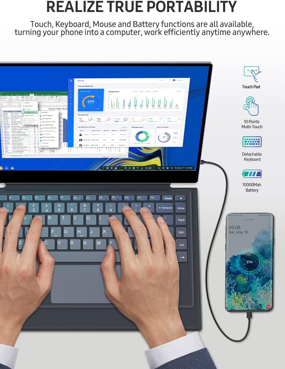 Magnetic Keyboard Portable 4K Monitor, UPERFECT 15.6'' Touchscreen w/Battery Frameless Bezel USB C Monitor, Integrated Kickstand, HDR FreeSync Eye Care Travel Monitor w/Detachable Keyboard & Touchpad