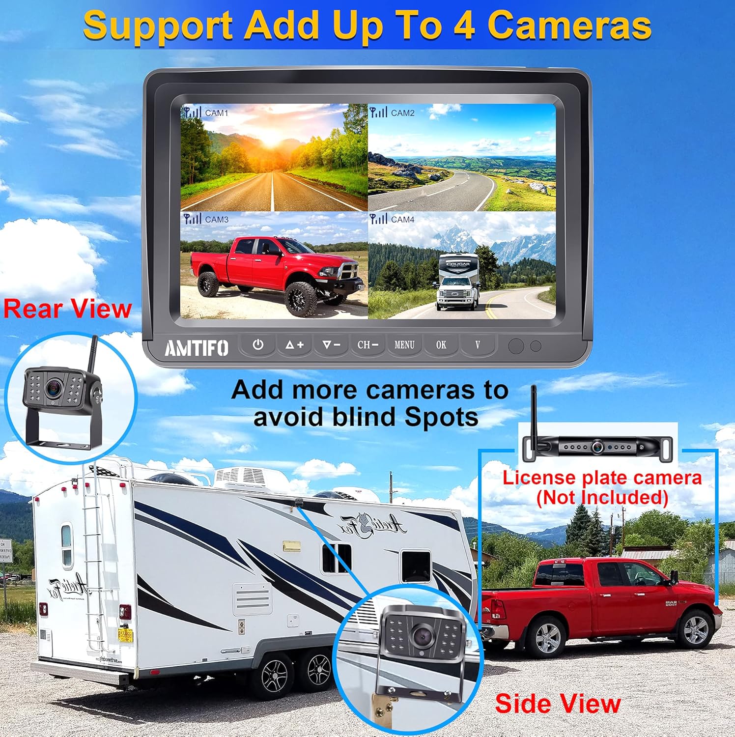 RV Backup Camera Wireless HD 1080P Bluetooth 2 Travel Trailer Rear View Cam System 7 Inch DVR Monitor Truck Camper Infrared Night Vision Reverse Cameras Adapter for Furrion Pre-Wired RVs AMTIFO A9