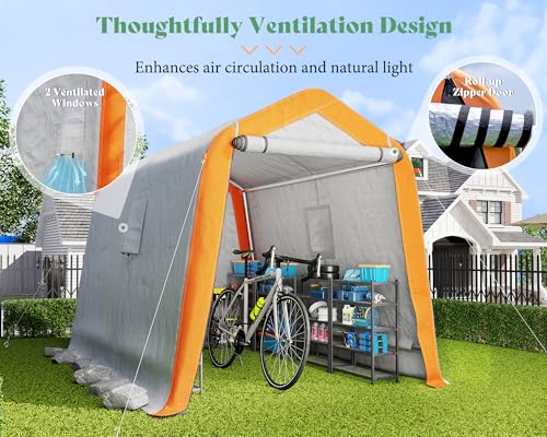 AMERLIFE 10.5x12x8 FT Heavy Duty Portable Shed Storage Shelter, Outdoor Storage Shed with 4 Waterproof Windows & Roll-up Zipper Door, Carport for Motorcycle, Bike, Grey