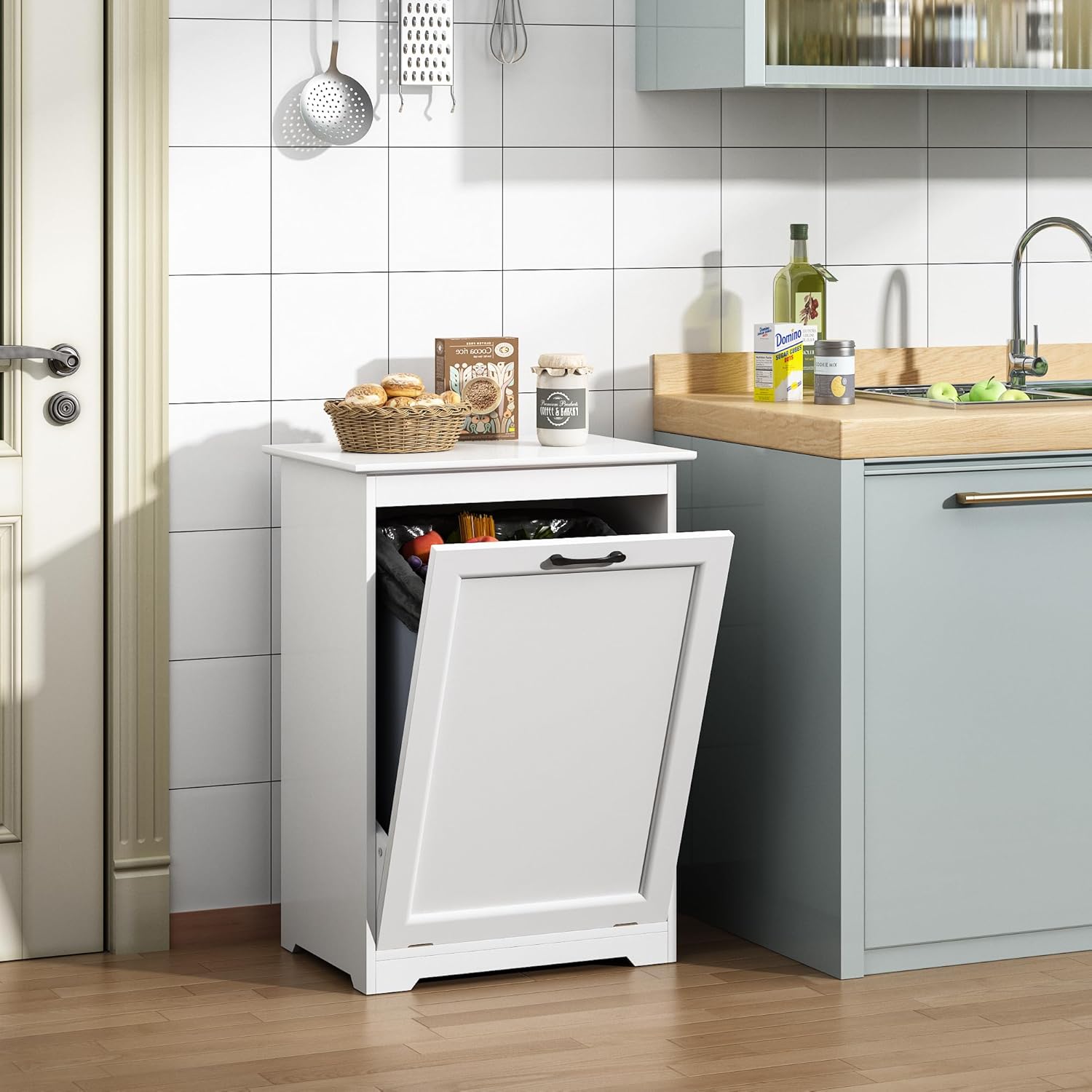 JAXPETY Tilt Out Trash Cabinet Kitchen Trash Can Holder Wood Laundry Hamper Recycling Trash Cabinet with Angle Adjustable Door, White