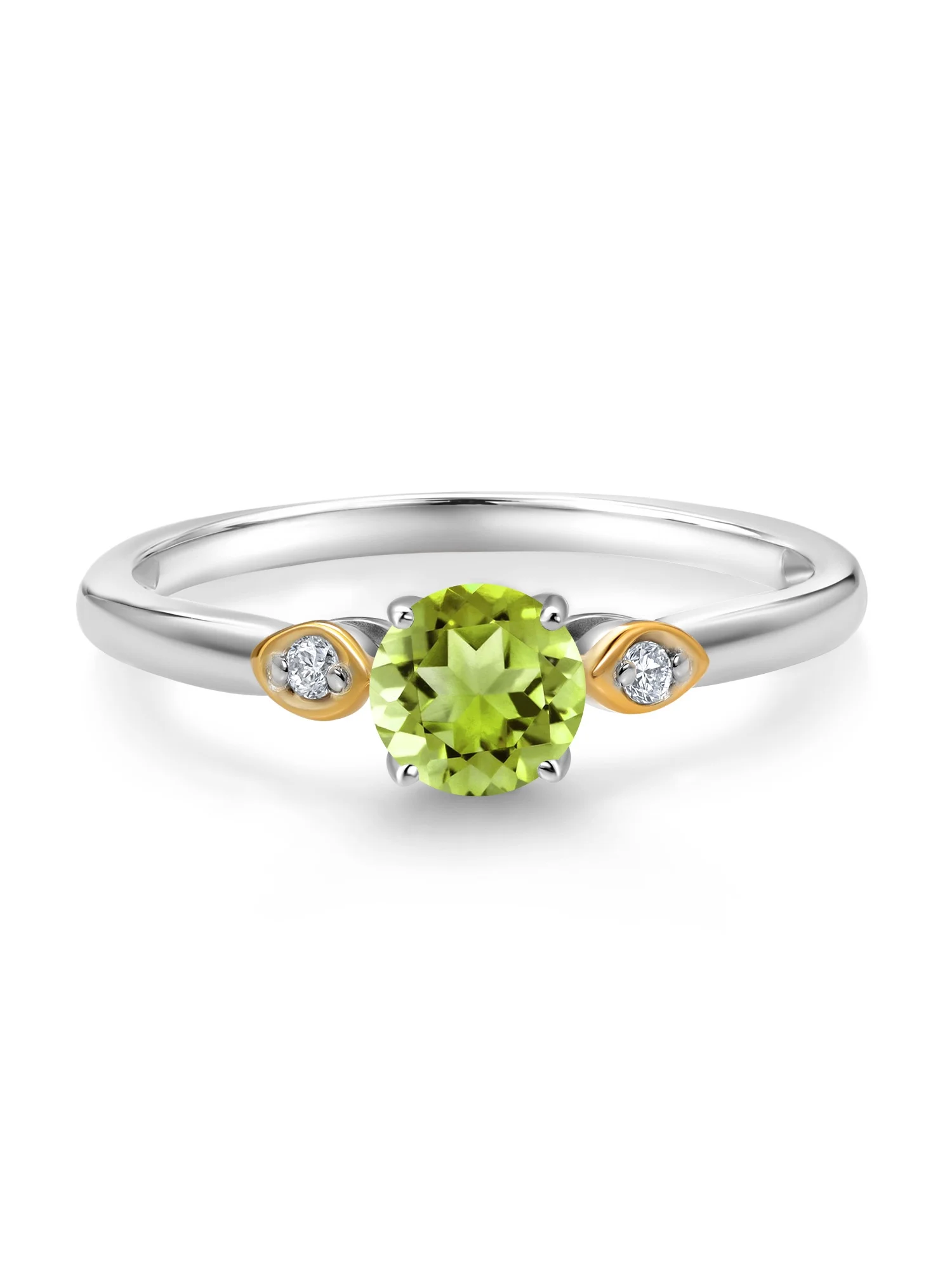 Gem Stone King 925 Sterling Silver and 10K Yellow Gold Green Peridot and White Lab Grown Diamond 3 Stone Engagement Ring For Women (0.58 Cttw, Round Gemstone August Birthstone, Size 7)