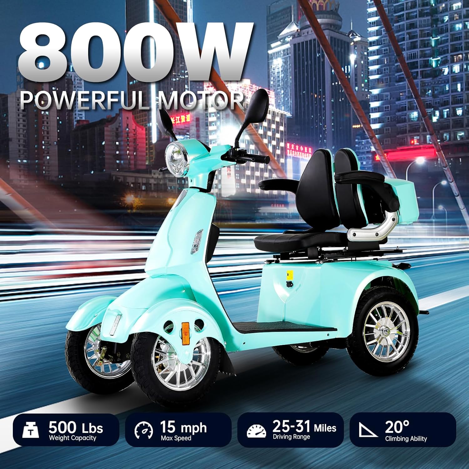 800W Heavy Duty 4 Wheel Mobility Scooters for Seniors & Adults 500lbs Capacity, Powered Mobility Scooters with 3-Speed Control & USB Charger Port, Under Seat Storage, Green