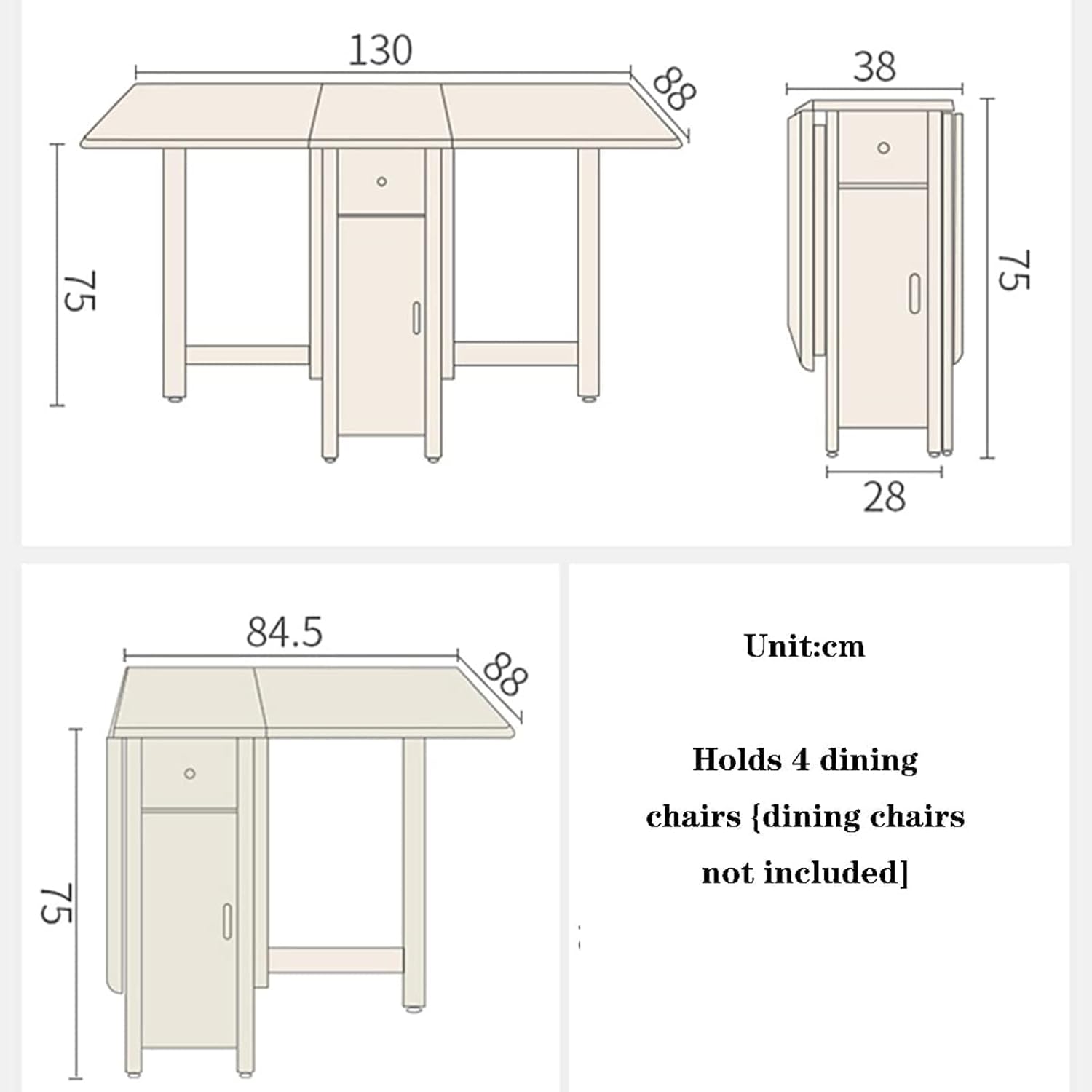 Kitchen Table, Folding Dining Table, Solid Wood Drop Leaf Table, Space Saving Compact Dining Room Table (A) (B)