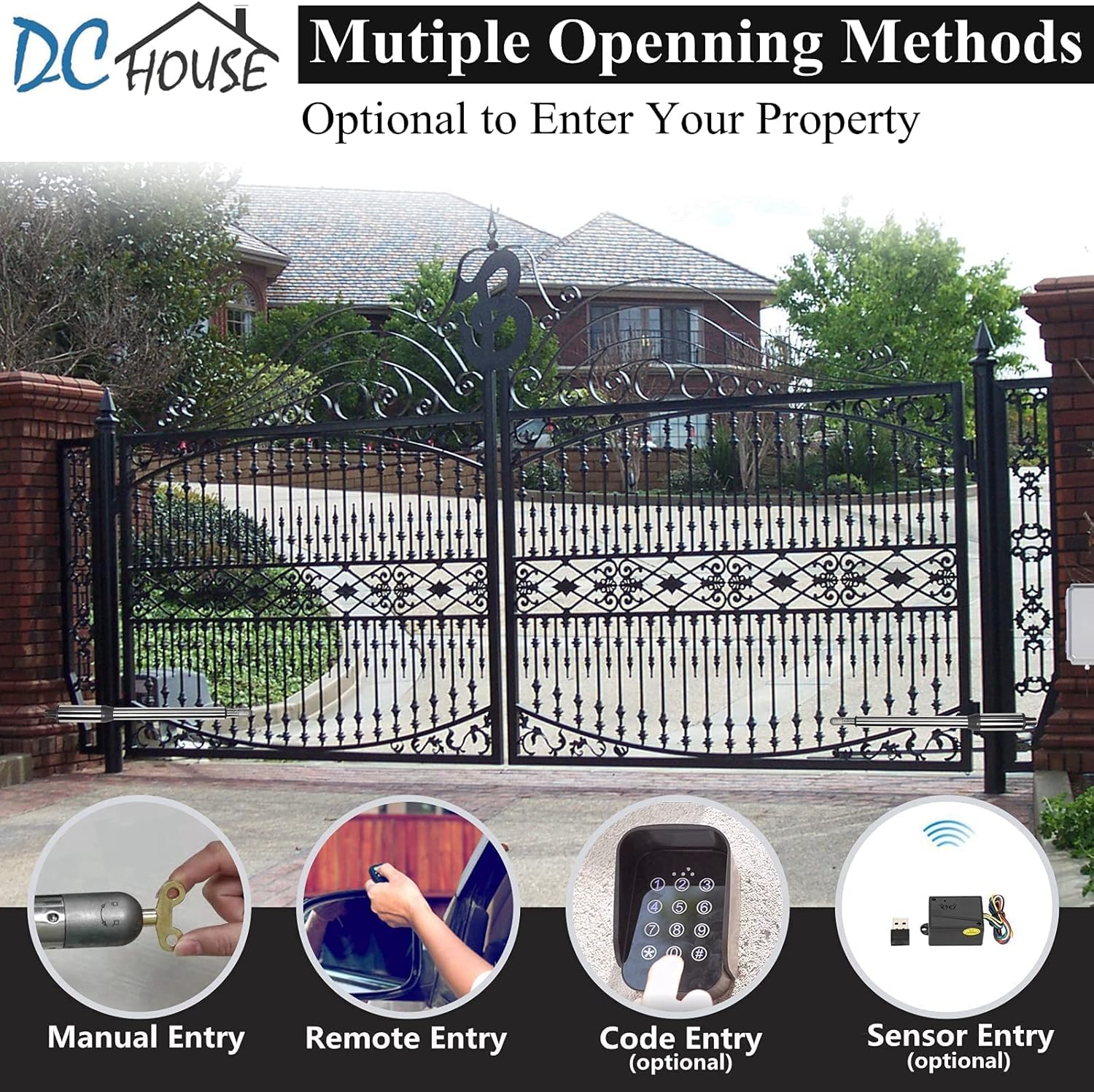 DC HOUSE 24V DC/AC Heavy-Duty Automatic Solar Dual Gate Opener Kit with Keypad + Car Sensor for Swing Gates Up to 16.4 Feet for Fences/Palisades/Agricultural/Driveway Gates | Subcontract Delivery