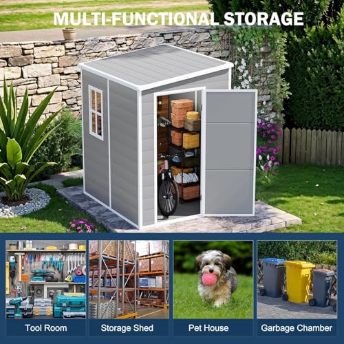 8x6x7 FT Resin Storage Shed, Waterproof Outdoor Storage Shed w/Floor, 2 Windows, Double Lockable Doors & Vents, Tool Shed for Patio Garden, Lawn, Backyard, Dove Grey