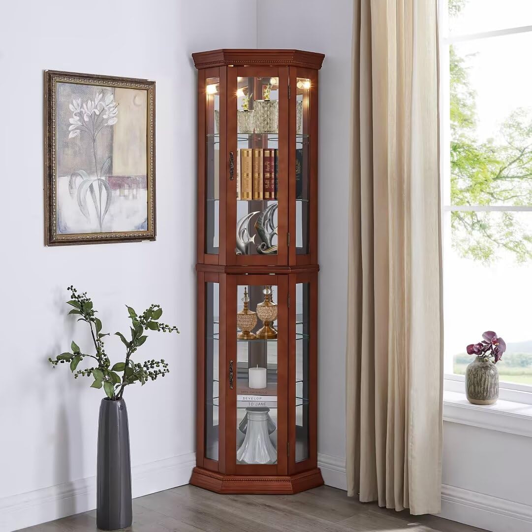 Lighted Curio Cabinet 6 Shelf Corner Corner with Shelves，Display Case for Living Room, China Hutch with Adjustable Tempered Glass Shelves Doors and Shelves, Bar and Liquor Storage Area-Oak