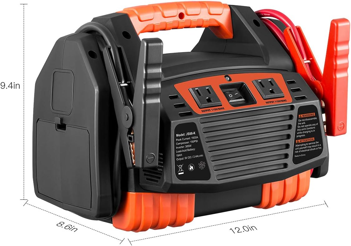 Kinverch Portable Car Jump Starter 1000 Peak Amp 12-Volt with 1-USB 1-12V Power Ports & 150 PSI Air Compressor