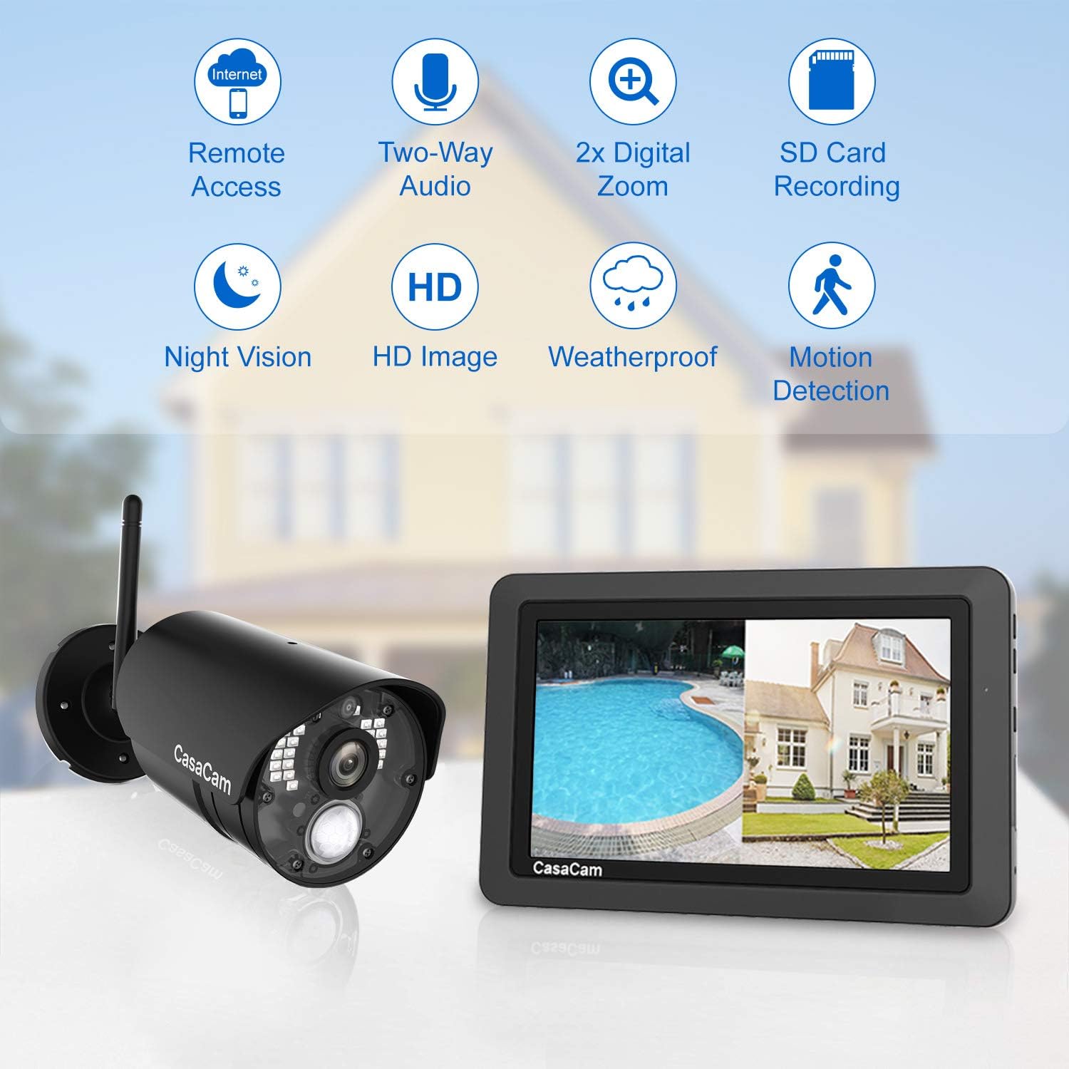 CasaCam VS802 Wireless Security Camera System with 7 Touchscreen and HD Nightvision Cameras, AC Powered (2-cam kit)