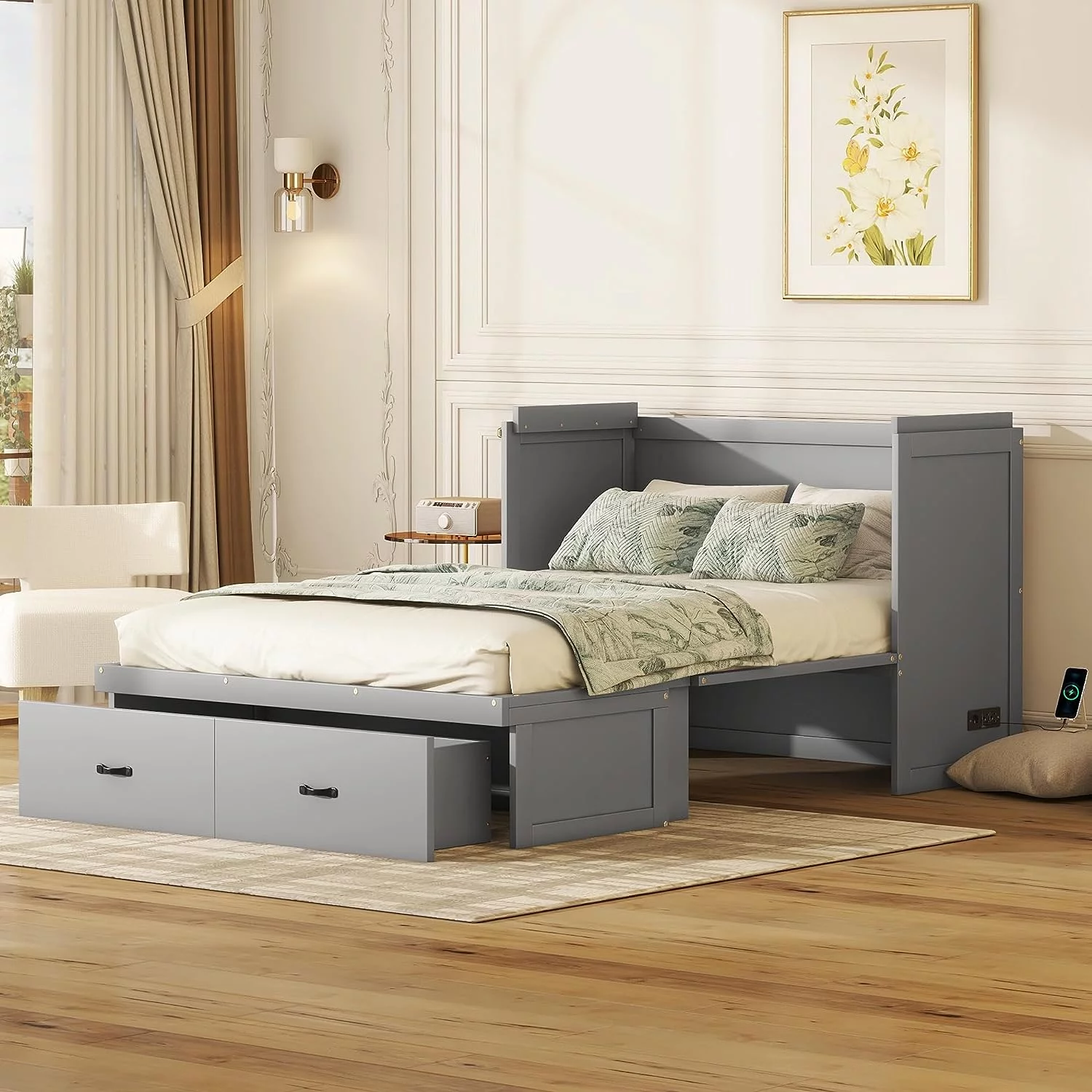 Tabaray Modern Murphy Bed with Movable Desk, Solid Wood Queen Size Foldable Platform Bed with 2 Storage for Teens Adults Bedroom, Maximize Space Savings (Gray)