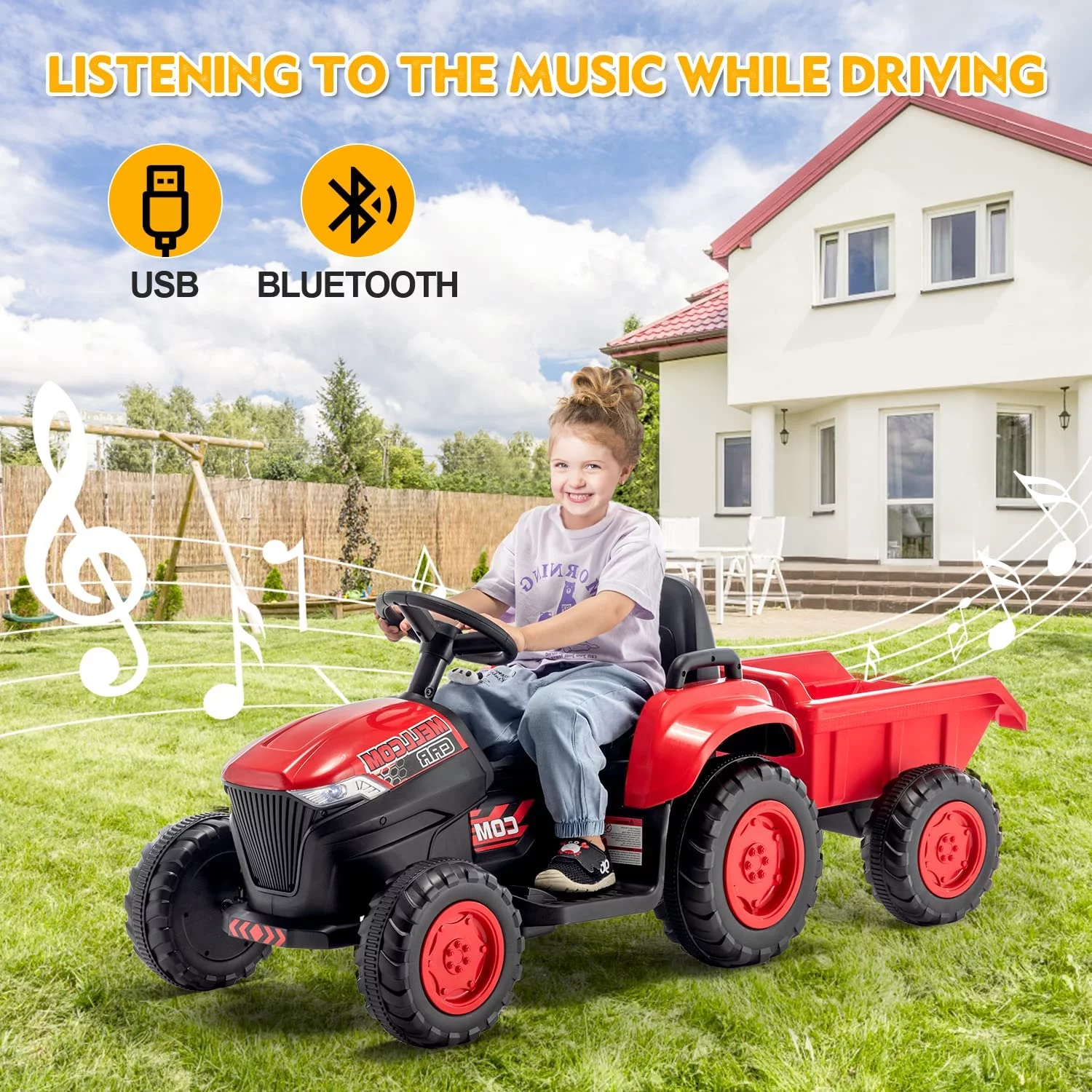 Erommy Kids Ride on Tractor with Remote Control, 12V Battery Powered Electric Tractor with 30W Dual Motors/Cool Lights/Bluetooth Music for Kids, Green