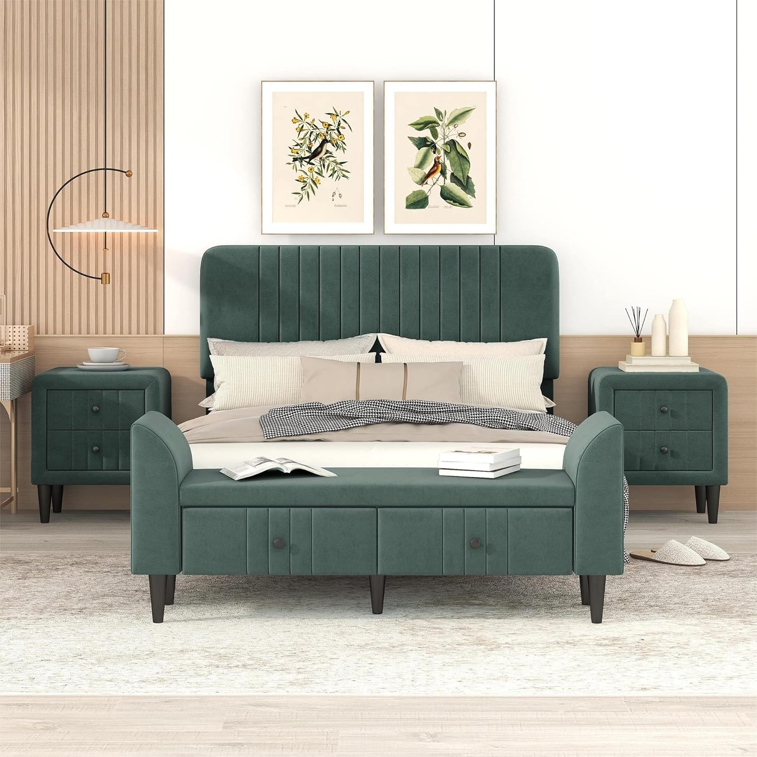Merax Luxury Upholstered Velvet Bed Set- Full Bed, Bed Storge Bench and 2 Nightstands/Platform Bed Frame with Headboard/Easy Assembly, Green