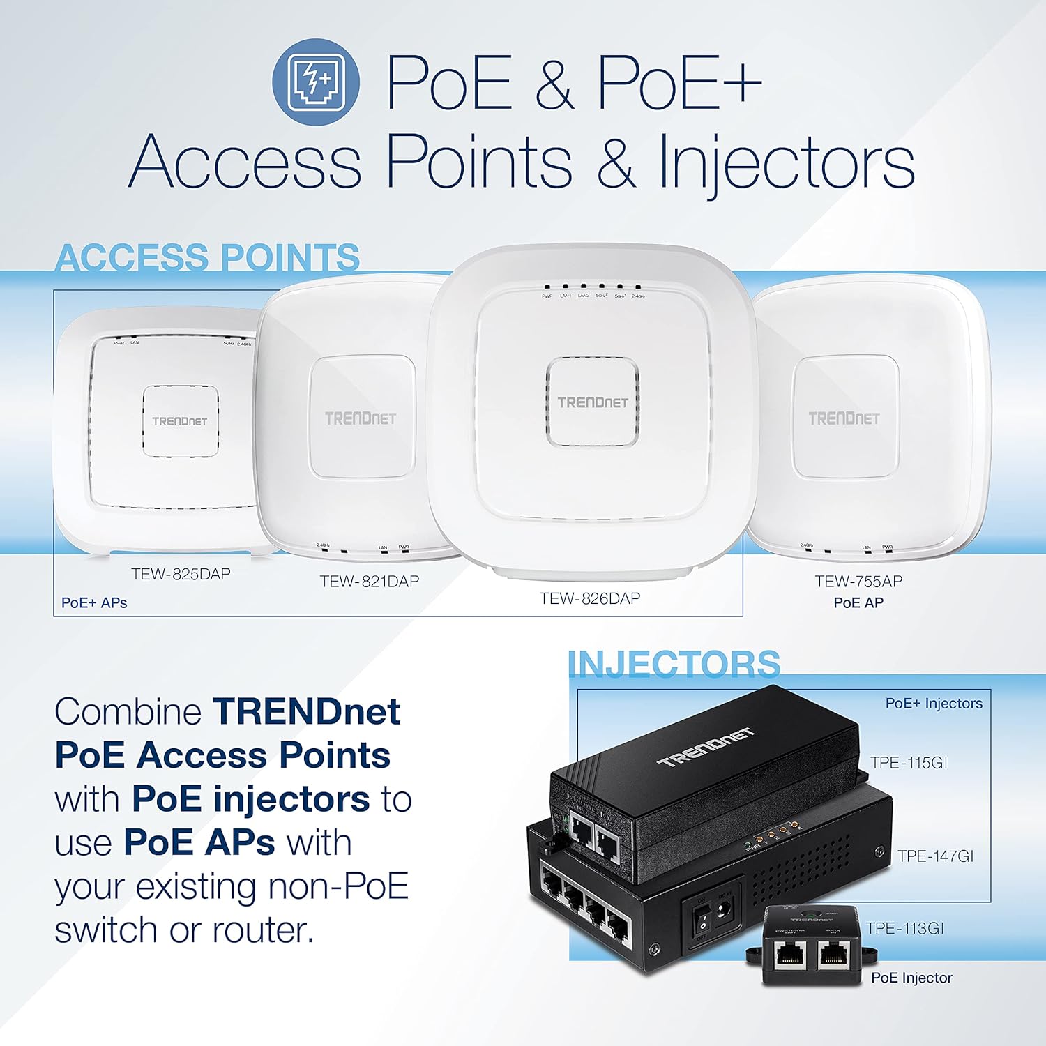 TRENDnet 65W 4-Port Gigabit PoE+ Injector, TPE-147GI, 4 x Gigabit Ports(Data in), 4 x gigabit PoE Ports(Data + PoE Out), Multi-Port PoE+ Injector up to 100m(328 ft.), Add PoE+ Power to Non-PoE Switch Pack of 2