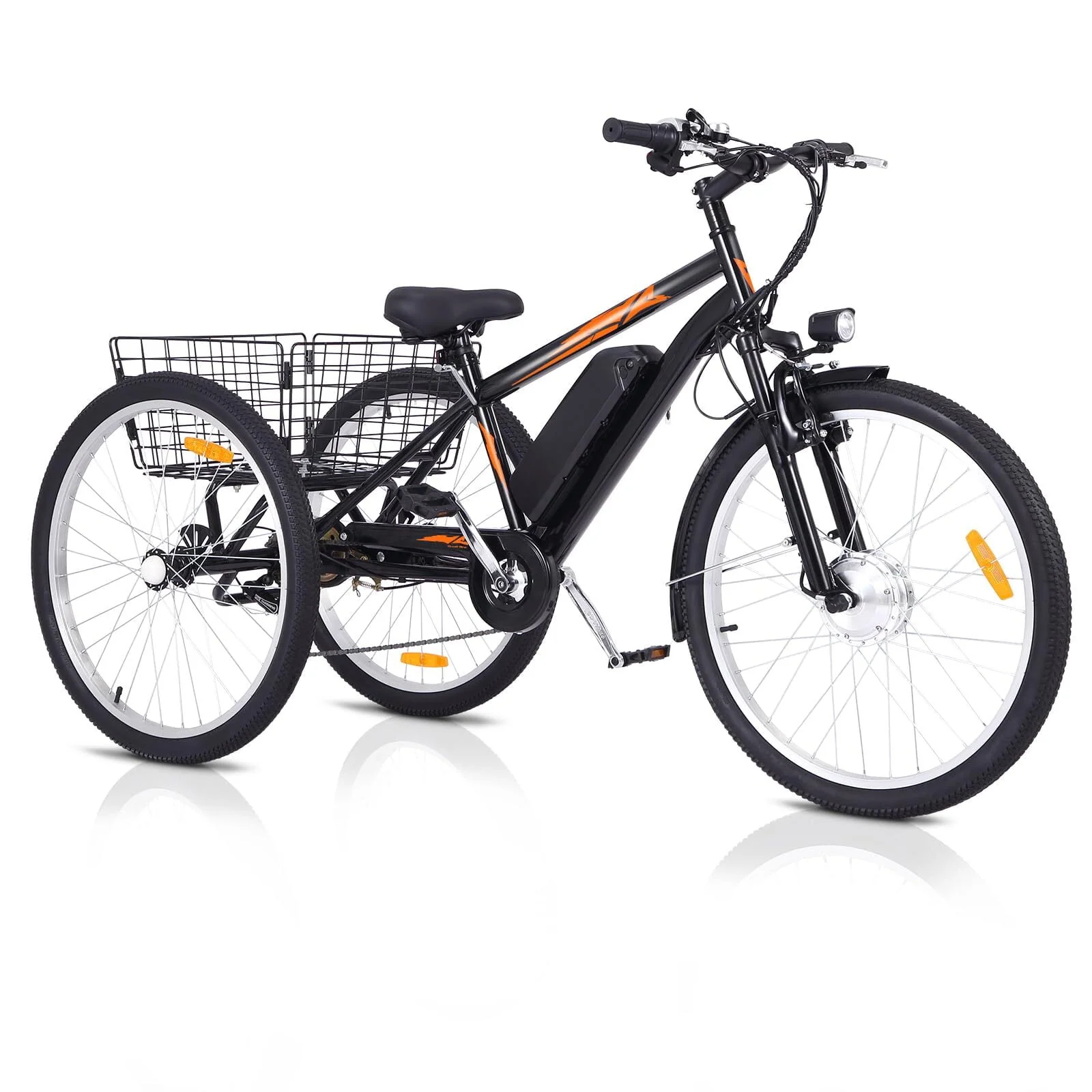 Soonbuy Electric Tricycle 24 Electric Trike, 7 Speeds Motorized Three Wheel Electric Bicycle, 3 Wheels Adult Electric Tricycle with Large Basket,Orange
