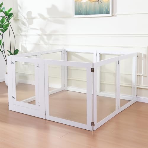 Heavy Duty Clear Acrylic Dog Playpen, Transparent Pet Pen, Metal Frame Easy Assemble Kennel Enclosure, Ideal for Small to Medium Dogs, Cats, and Other Small Pets (White, 6 Panels with Door)