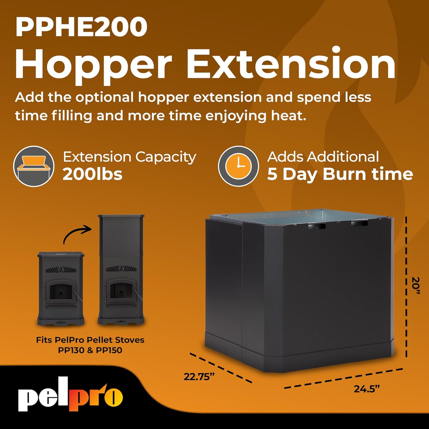 PPHE200 Pellet Stove Hopper Extension - Adds 200 Pound Extra Hopper Capacity - ONLY Compatible with PP150 and PP130 Stoves