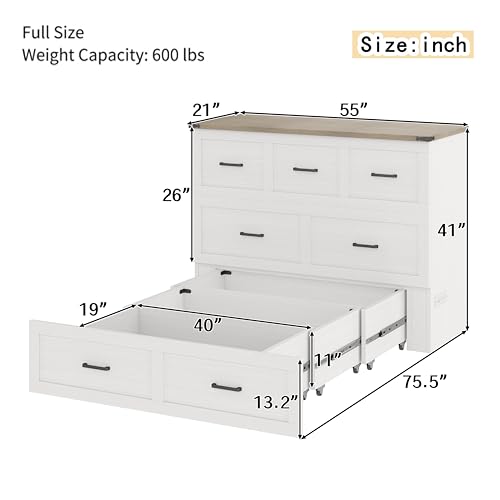 Bellemave Queen Murphy Bed, Cabinet Bed with Charging Station and Storage, Farmhouse Murphy Cabinet with Foldable Panel, Noisy Free, for Guest Bedroom, Living Room, Office, Rustic Gray