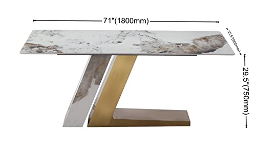 Sintered Stone Dining Table for 6-8, Modern Rectangular Kitchen Table with Z-Shaped Gold Stainless Steel Base, Luxury Pandora Brown+White Dining Room Table Noble Hotel Dining Table