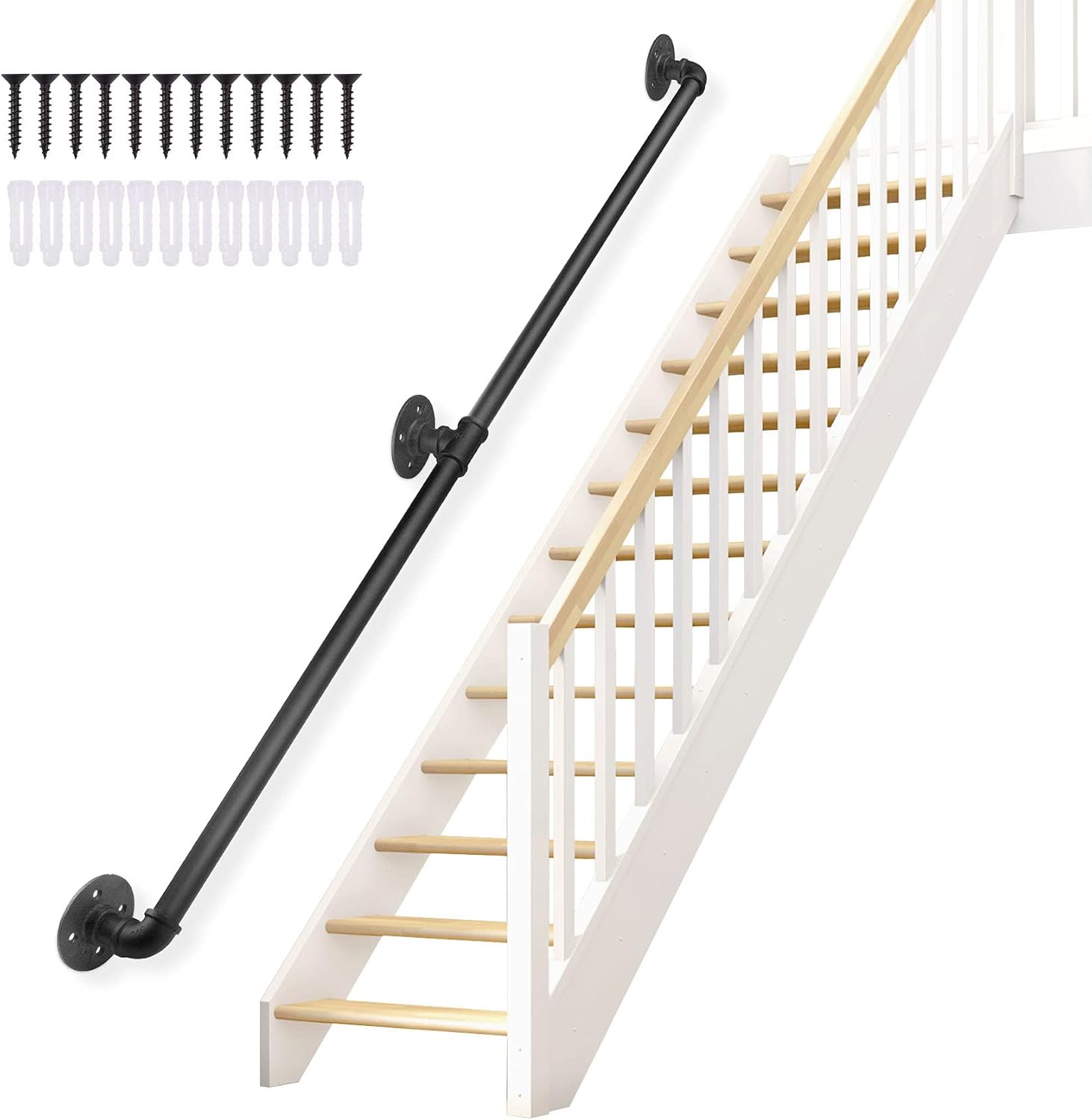 Seeutek Staircase Handrails 10FT Handrails for Indoor Stairs Stair Railing Hand Railings for Stairs Metal Railing Black Wrought Iron Pipe Handrail with Wall Mount Support