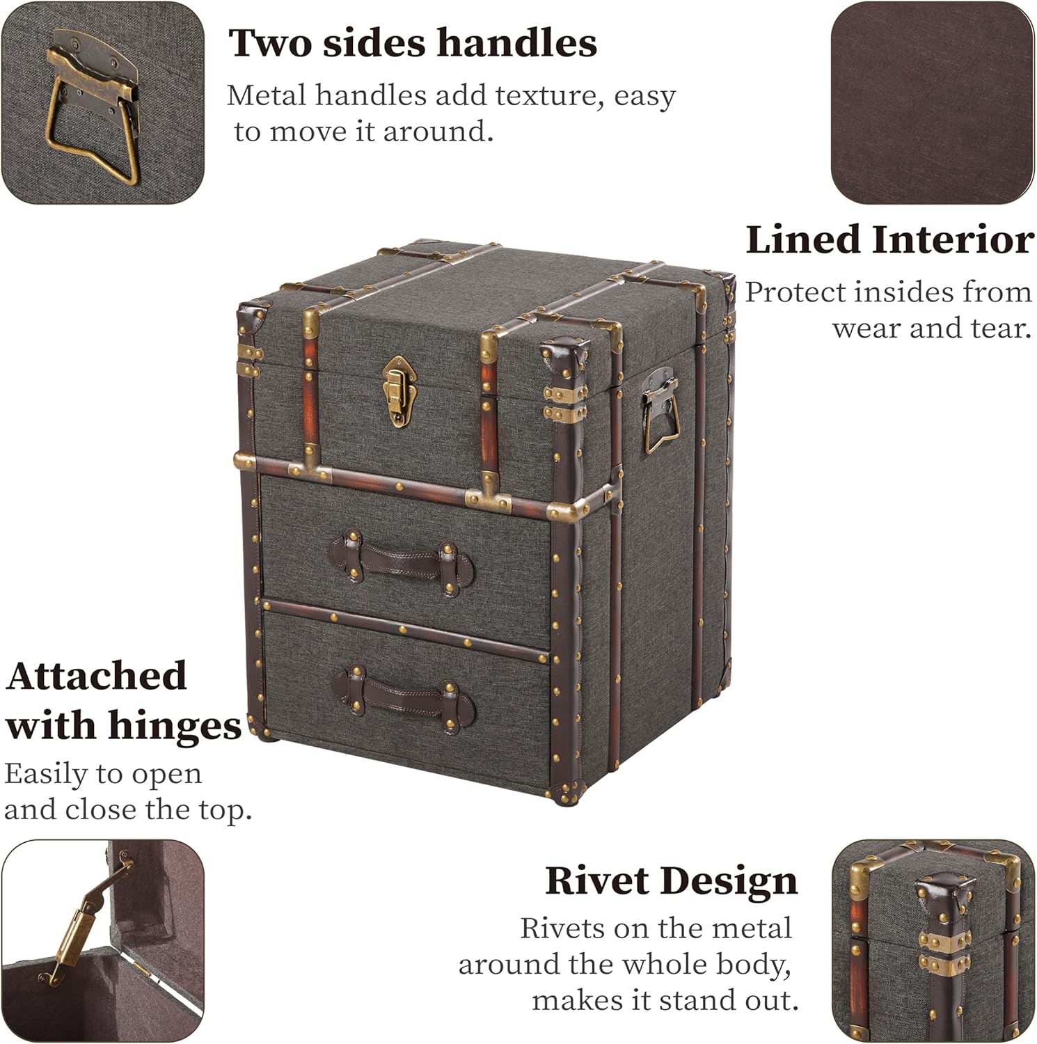 Vintage Storage Chest with Buckle Hinged Top, Linen Accent End Side Table for Living Room, Office, Bedroom, Rectangle, Grey