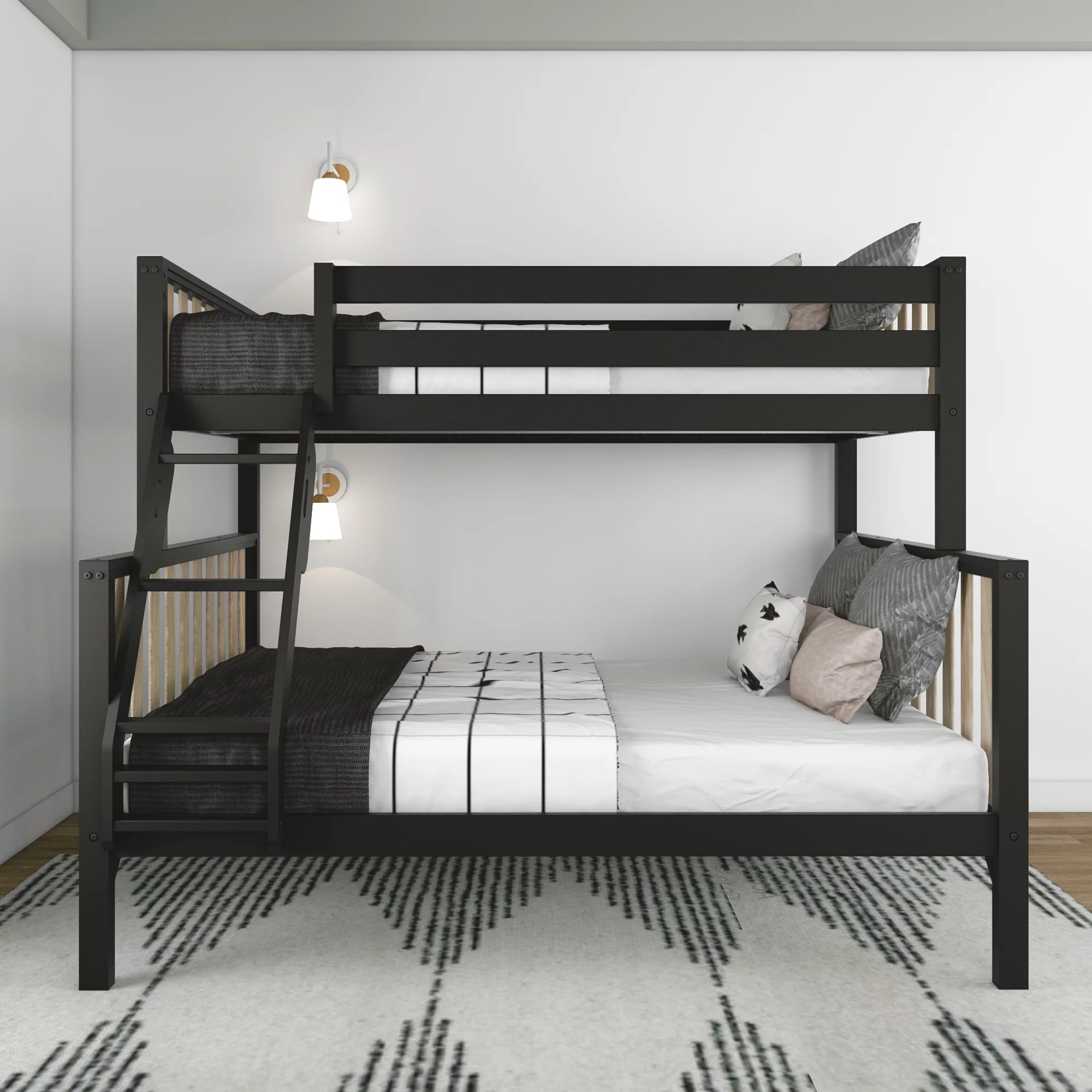 Max & Lily Scandinavian Twin over Full Bunk Bed For Kids, Wooden Bunk Beds with Ladder, Black/Blonde