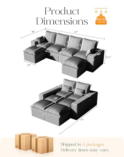 107" Comfy Cloud Couch with L-Shape Chaise & Deep Seat, Modular Sectional Sofa in a Box, Boneless Upholstered Couches for Living Room, No Assembly Required (Soft Corduroy, Black)