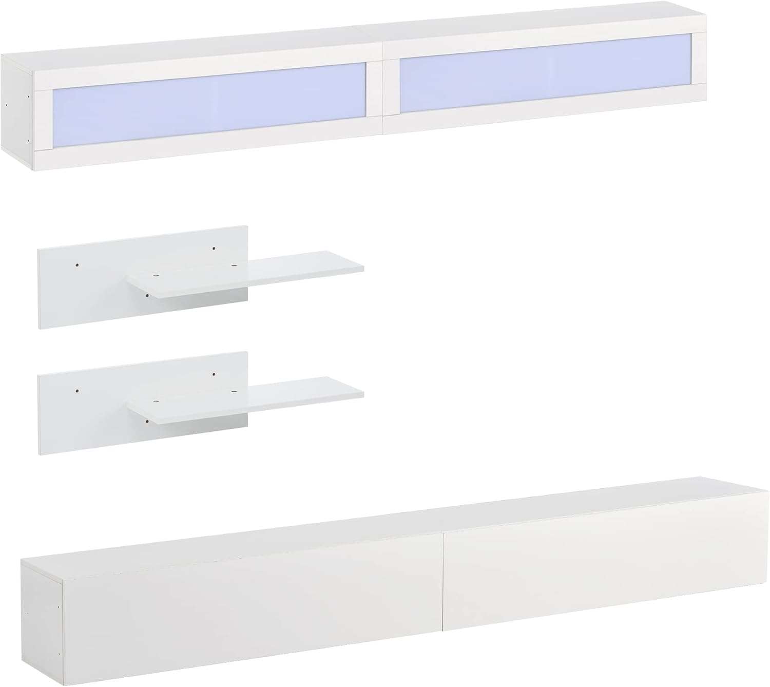 Wall Mount Floating Entertainment Center with 4 Storage Cabinets and 2 Shelves, Modern High Gloss TV Stand for Televisions up to 95+ Inch, Gaming Media Console w/LED Lights for Living Room