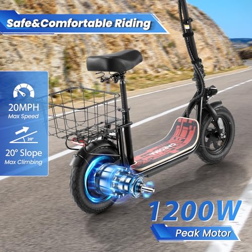 Caroma Peak 800W/1200W Electric Scooter Adults, 30 Miles Max Range, Foldable Electric Scooter with Seat, Front Suspension, Detachable Large Basket,Commuter E-Scooter for Adult and Teens